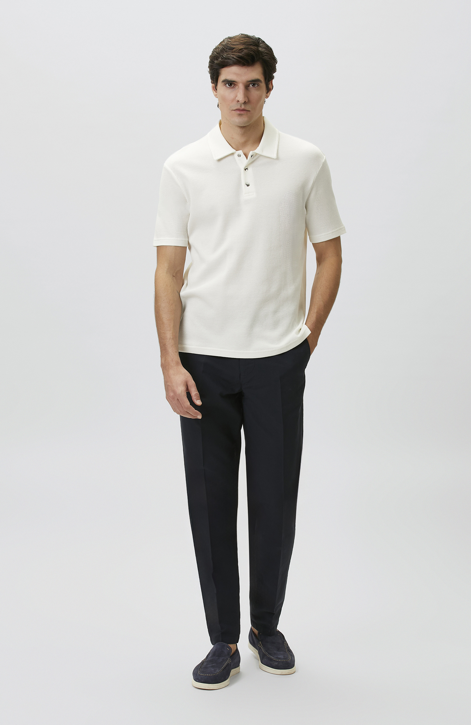 Slim Fit White Polo Neck Waffle T-shirt