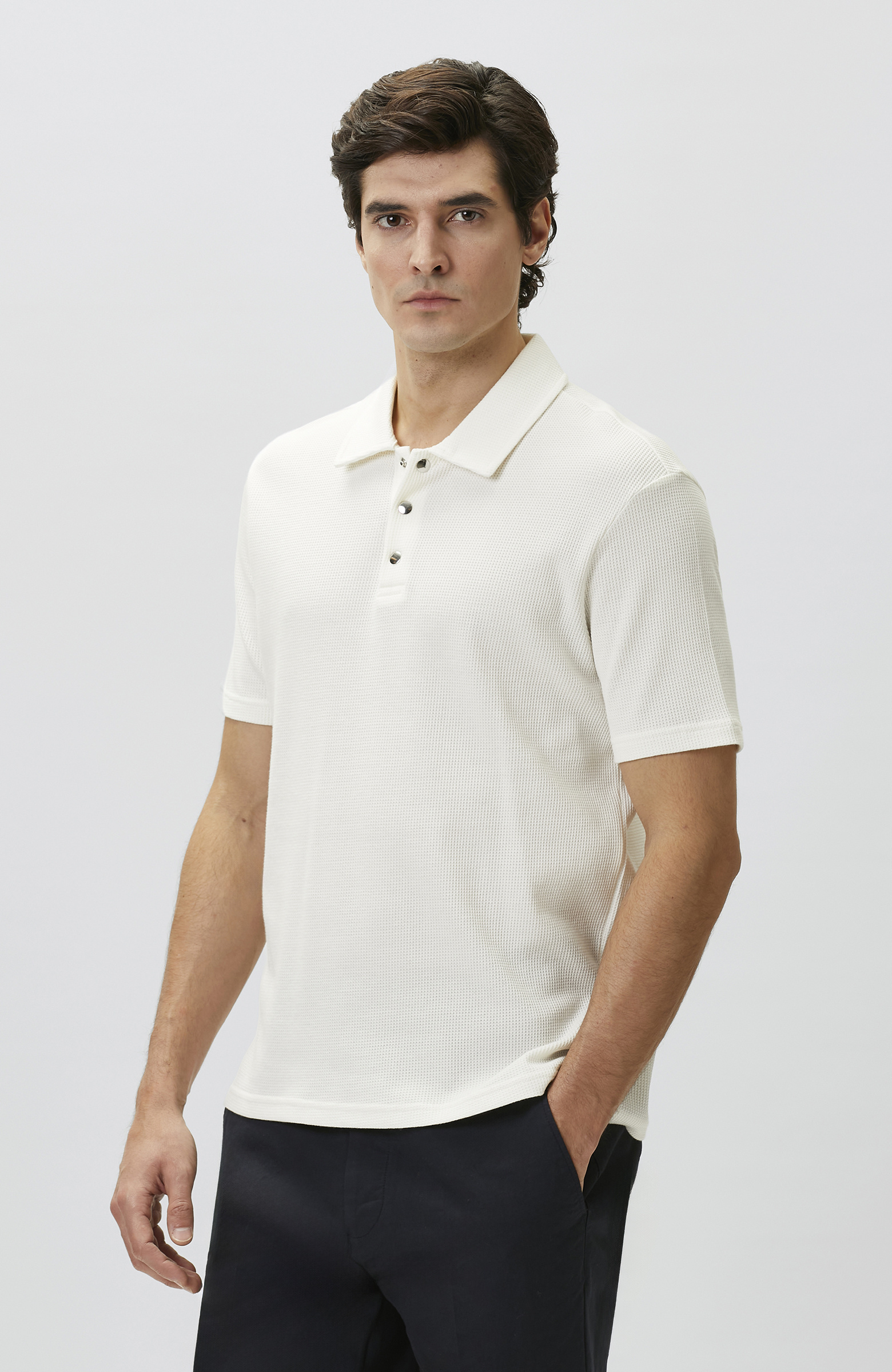 Slim Fit White Polo Neck Waffle T-shirt