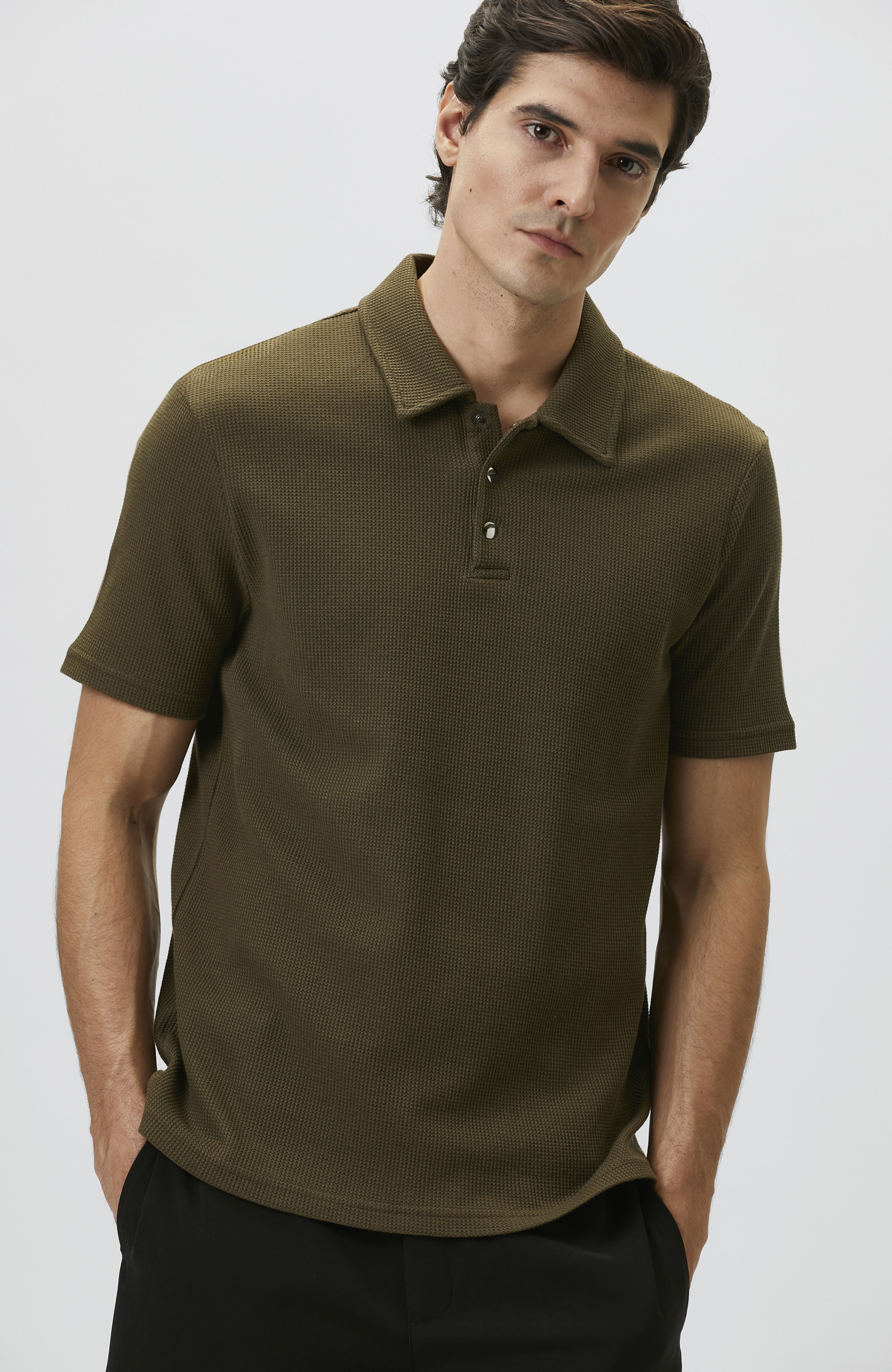 Slim Fit Khaki Polo Neck Waffle T-shirt