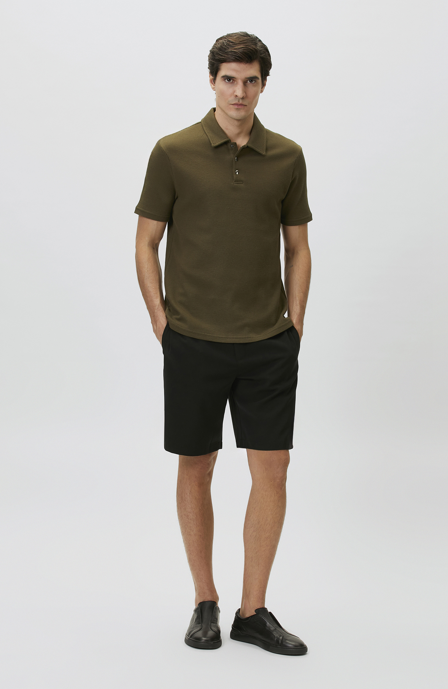 Slim Fit Khaki Polo Neck Waffle T-shirt