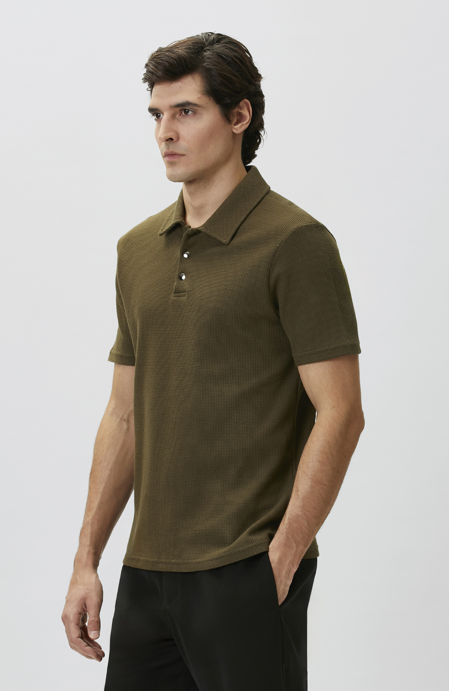 Slim Fit Khaki Polo Neck Waffle T-shirt