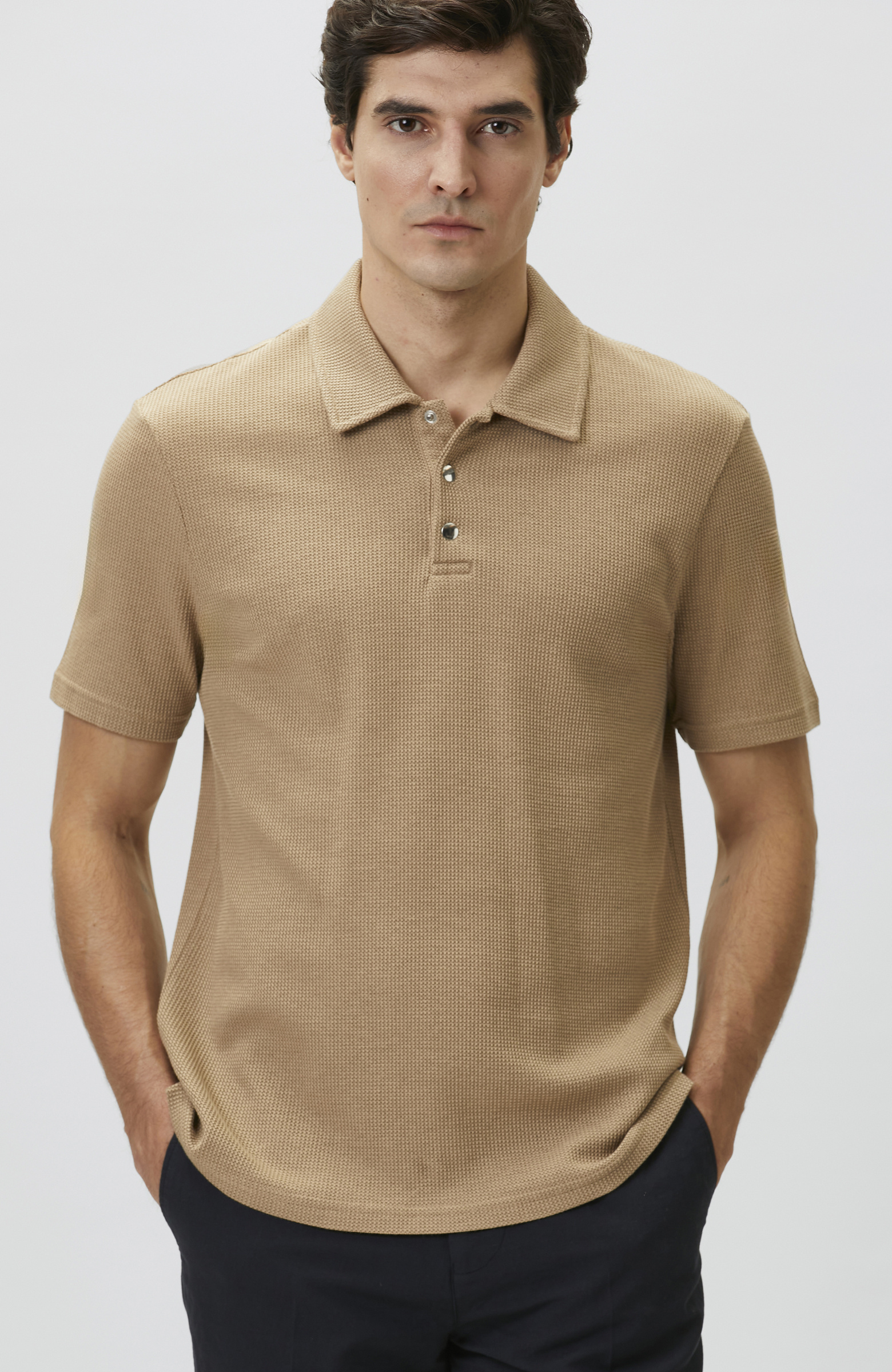 Slim Fit Mink Polo Neck Waffle T-shirt