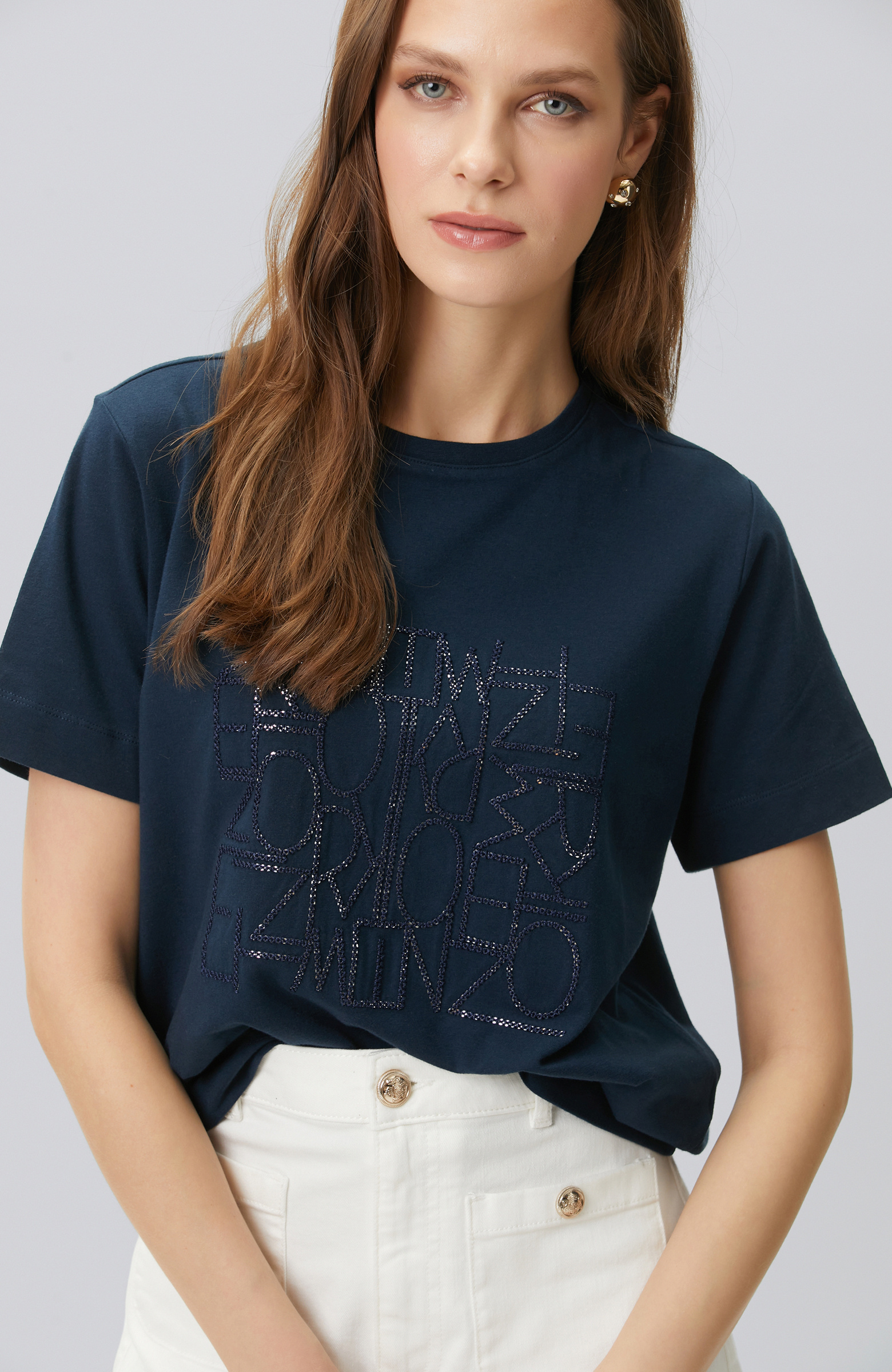 Lacivert Nakış Detaylı T-shirt