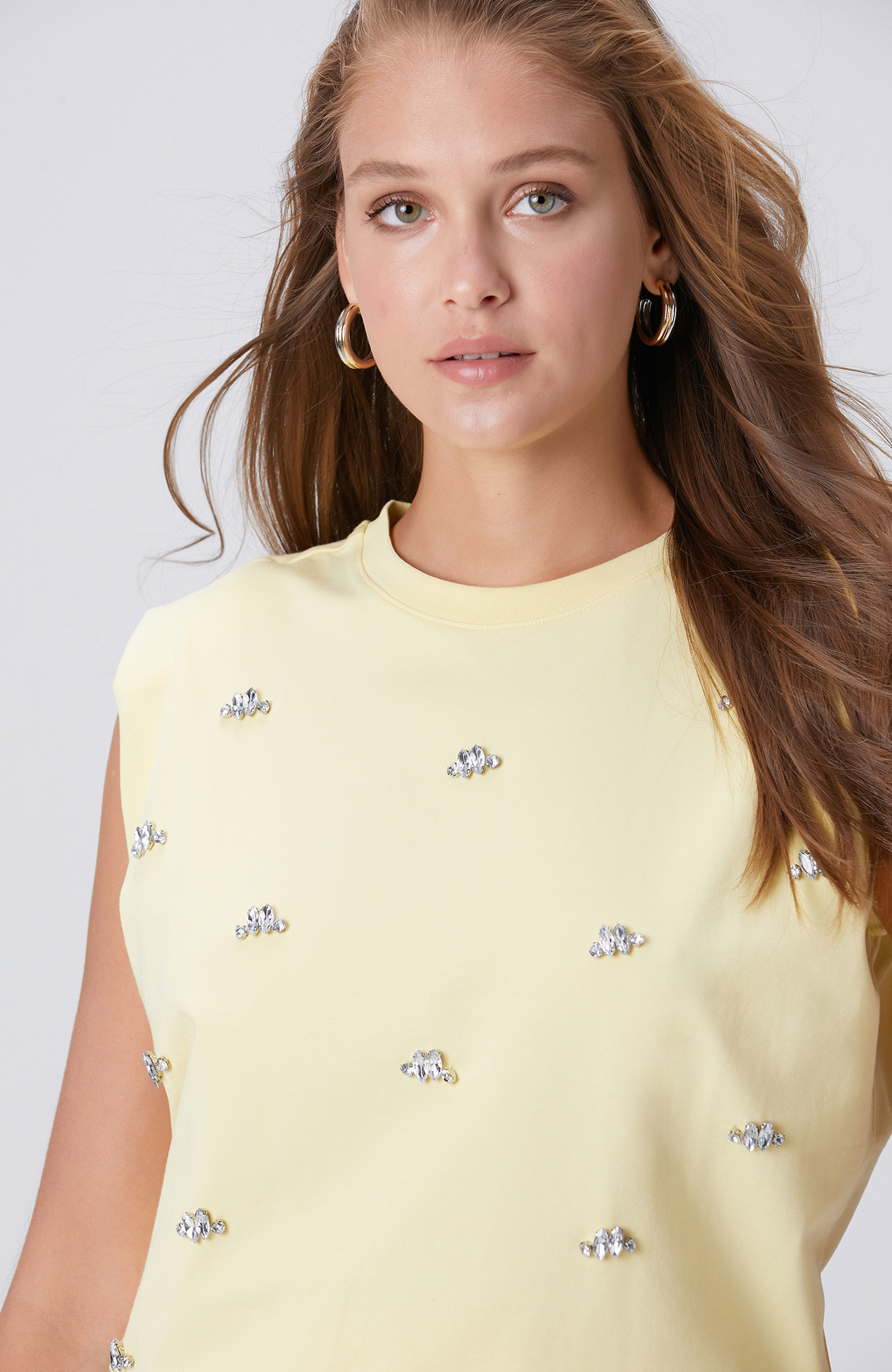 Sarı Bisiklet Yaka İri Taş Baskı Detaylı T-shirt