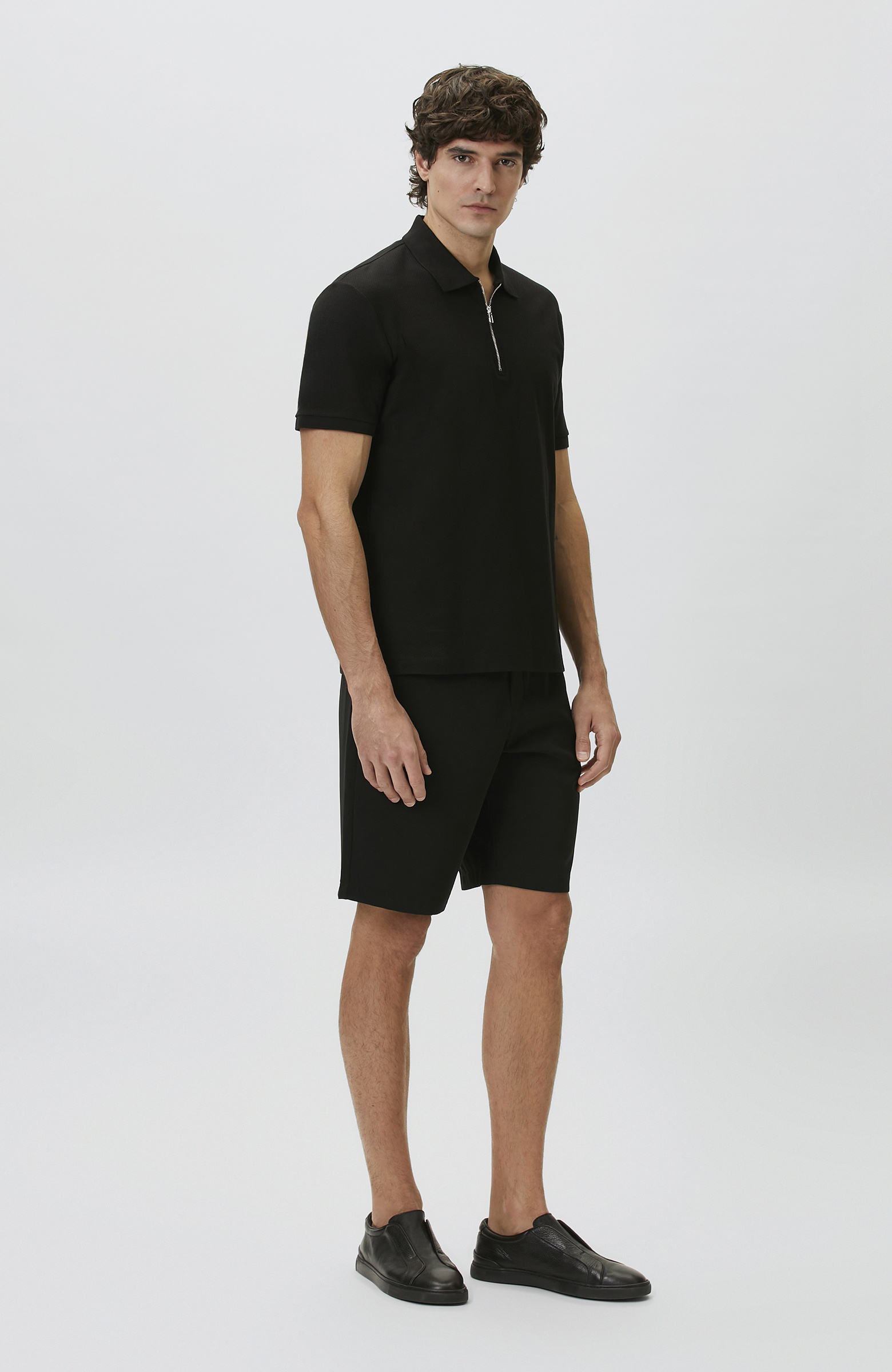 Slim Fit Black Polo Neck Jacquard Pique T-shirt