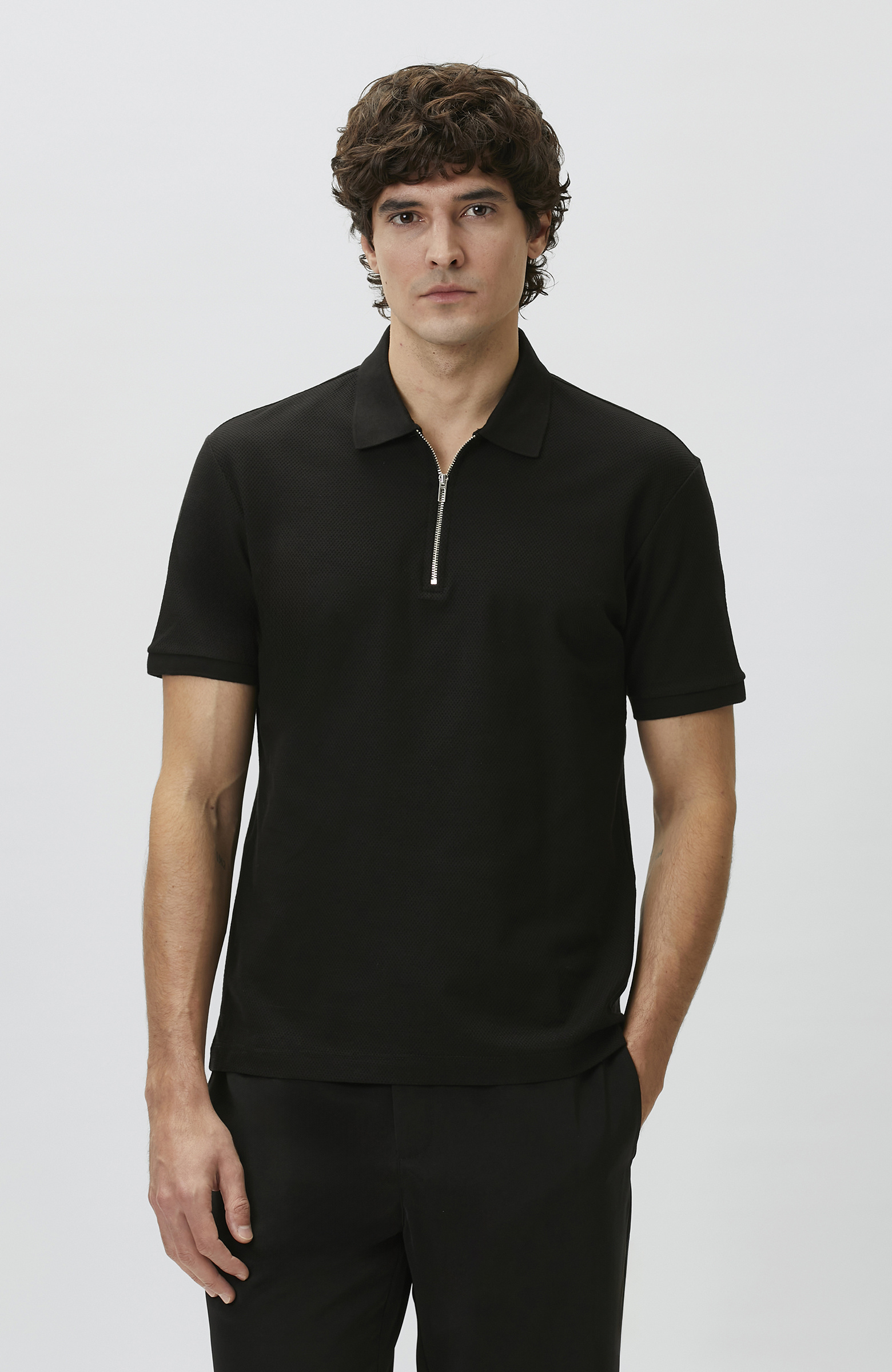 Slim Fit Black Polo Neck Jacquard Pique T-shirt