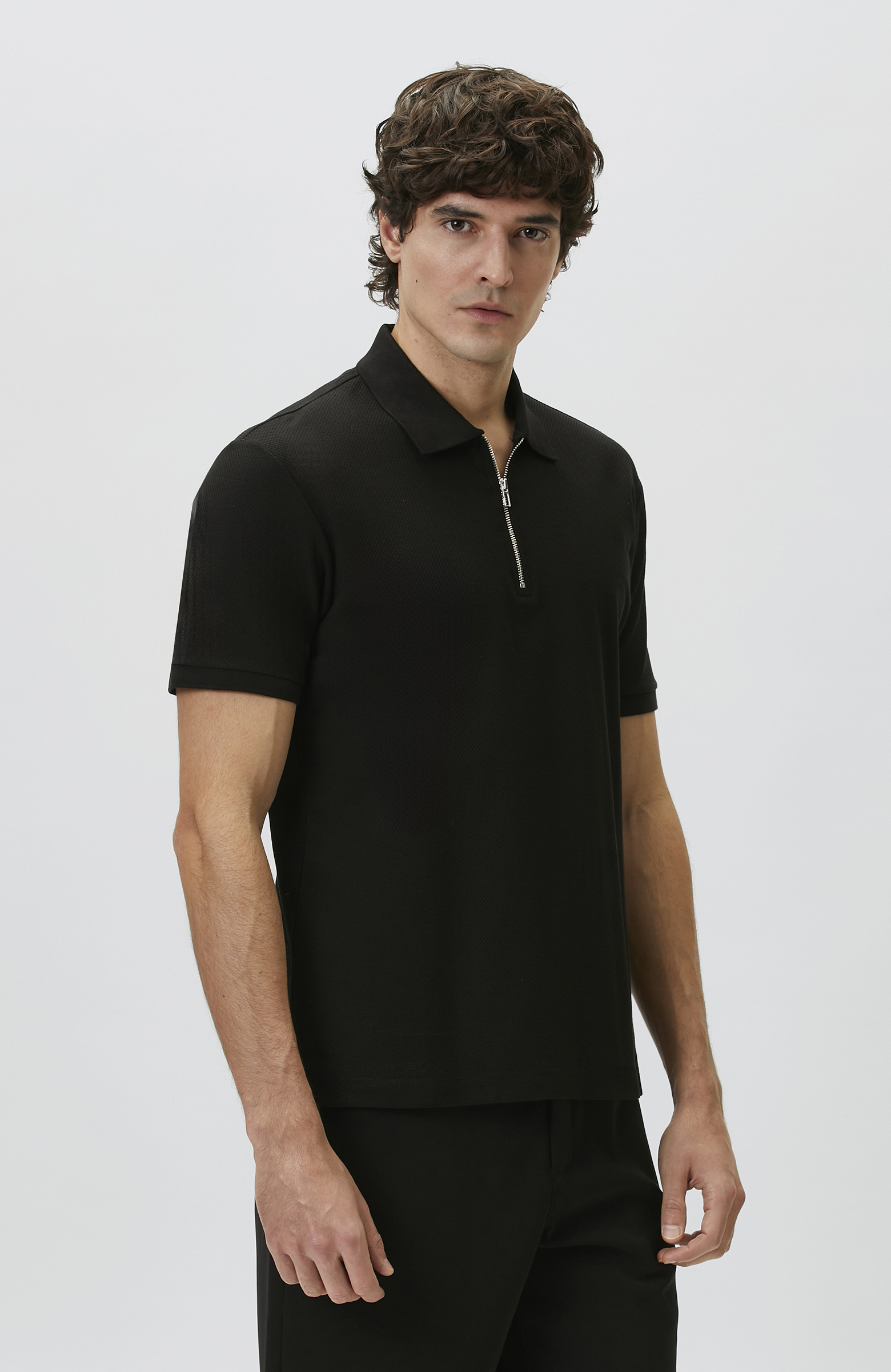 Slim Fit Black Polo Neck Jacquard Pique T-shirt