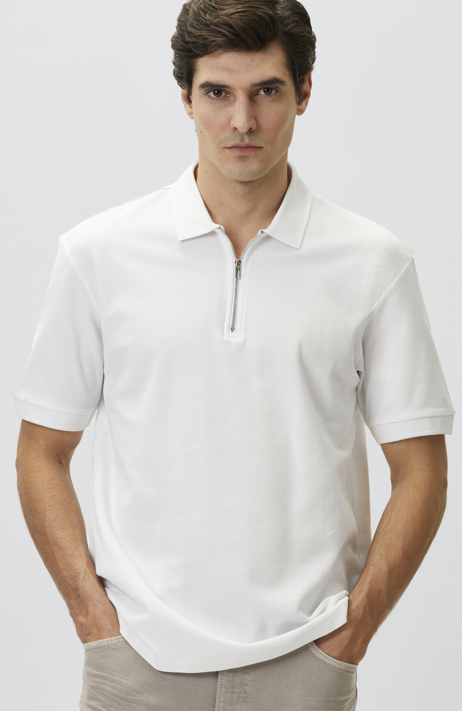 Slim Fit White Polo Neck Jacquard Pique T-shirt