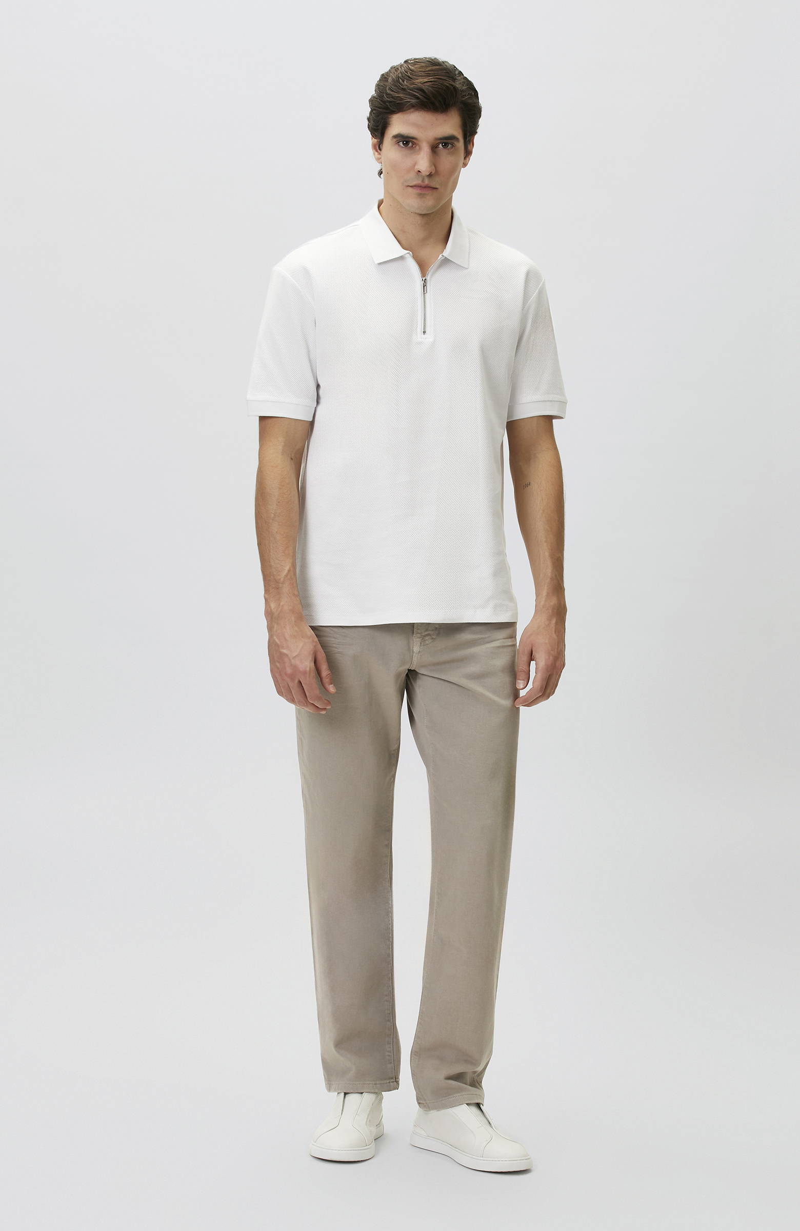 Slim Fit White Polo Neck Jacquard Pique T-shirt