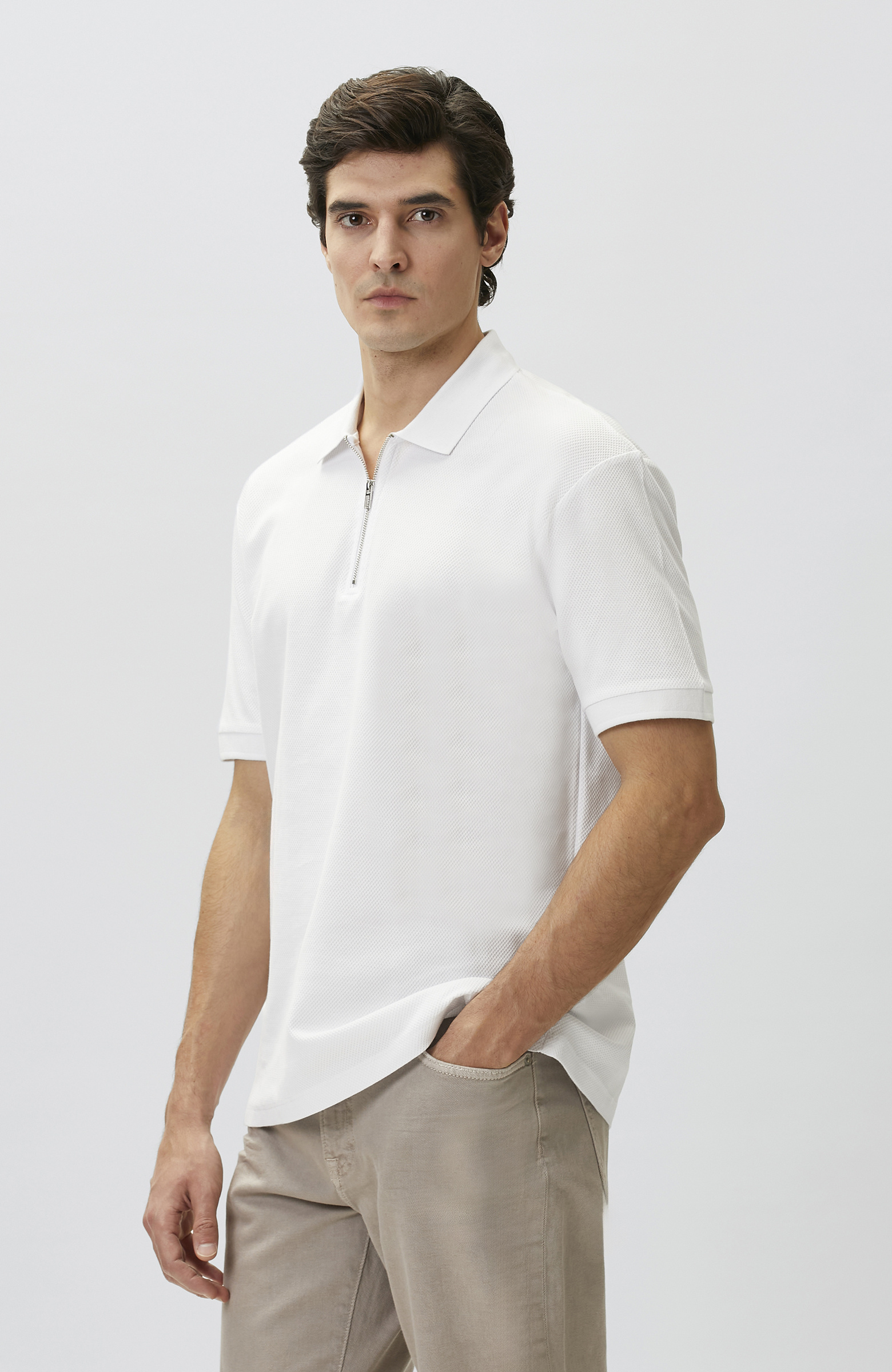 Slim Fit White Polo Neck Jacquard Pique T-shirt