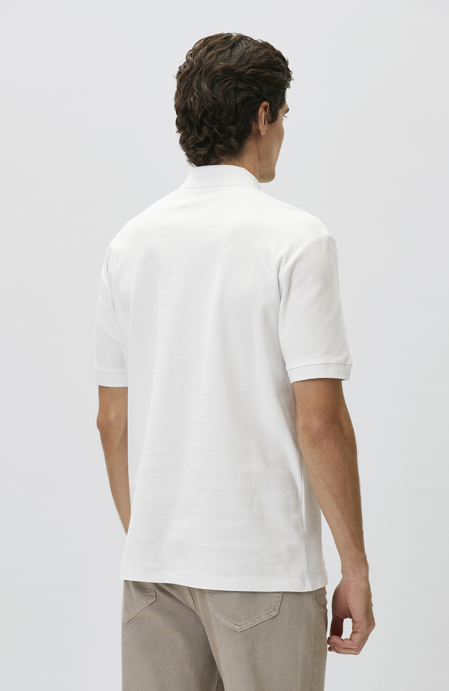 Slim Fit White Polo Neck Jacquard Pique T-shirt