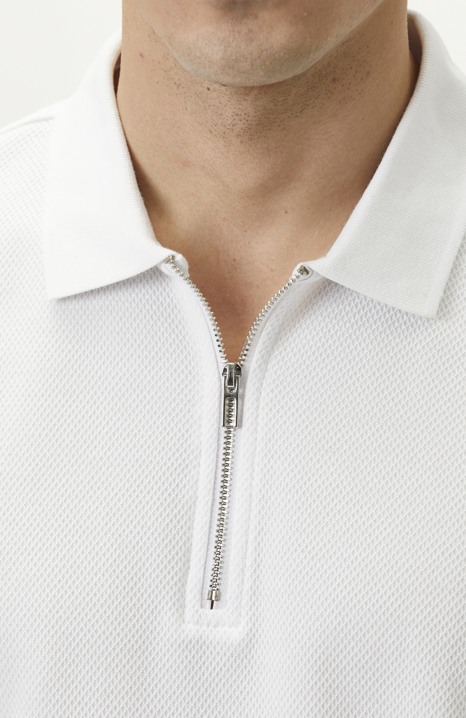 Slim Fit White Polo Neck Jacquard Pique T-shirt