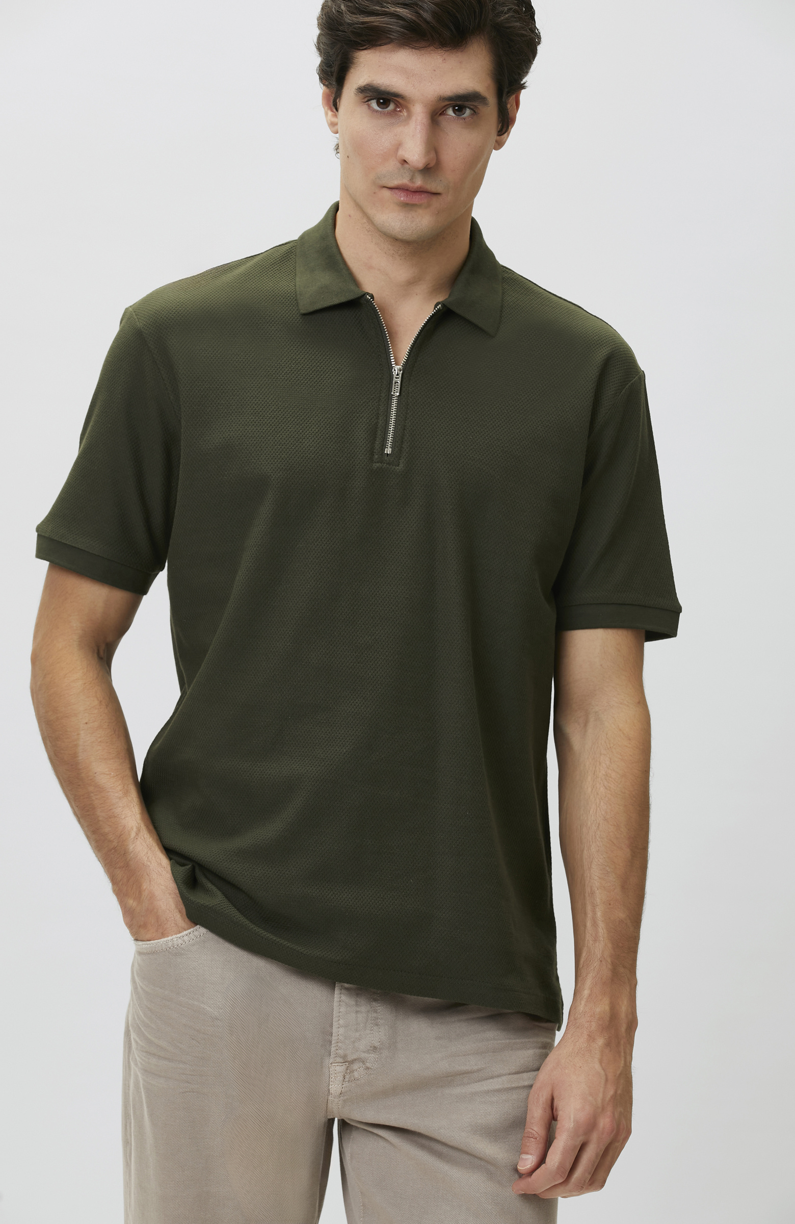 Slim Fit Khaki Polo Neck Jacquard Pique T-shirt