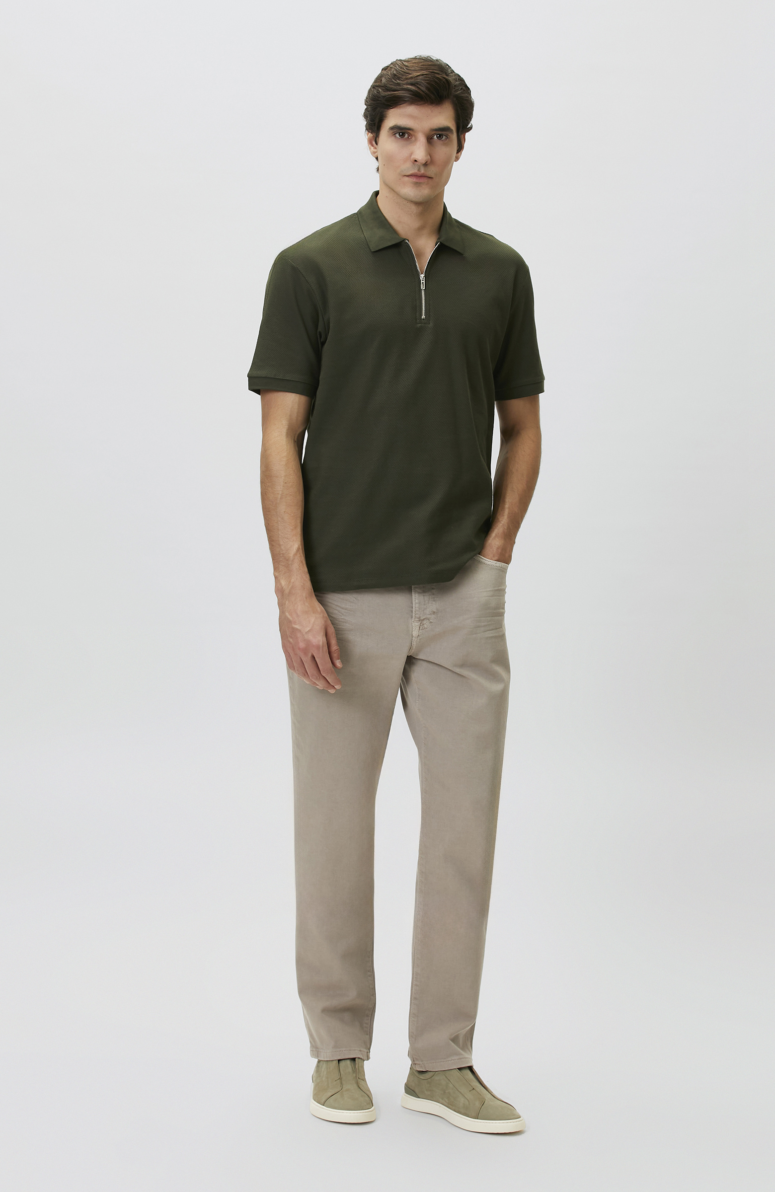 Slim Fit Khaki Polo Neck Jacquard Pique T-shirt