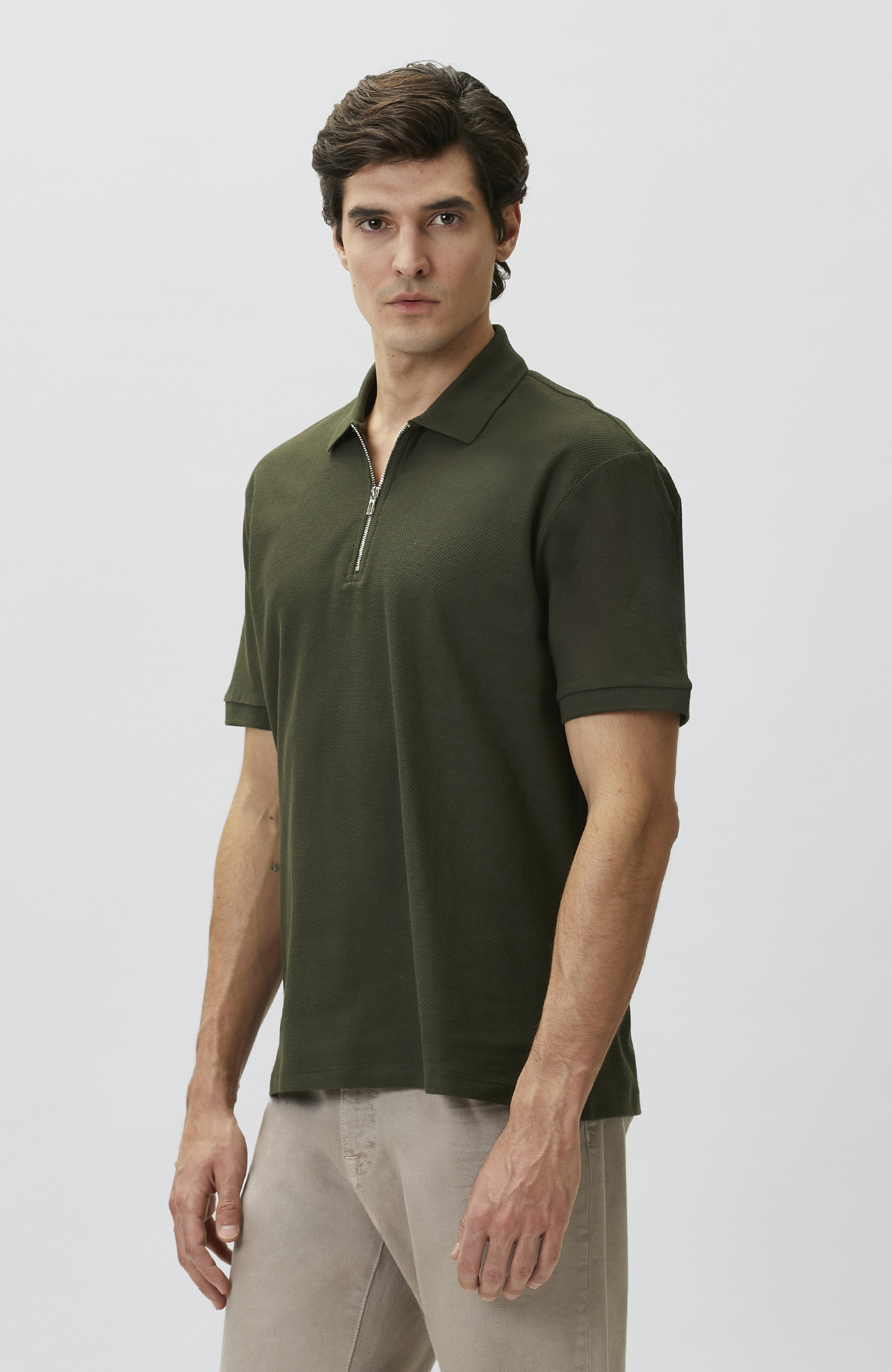 Slim Fit Khaki Polo Neck Jacquard Pique T-shirt