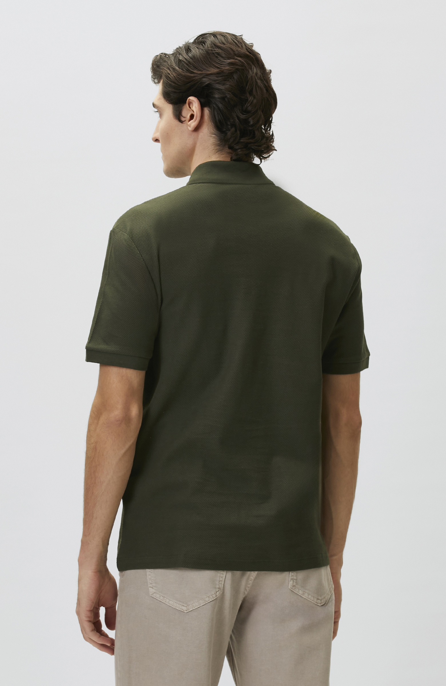 Slim Fit Khaki Polo Neck Jacquard Pique T-shirt