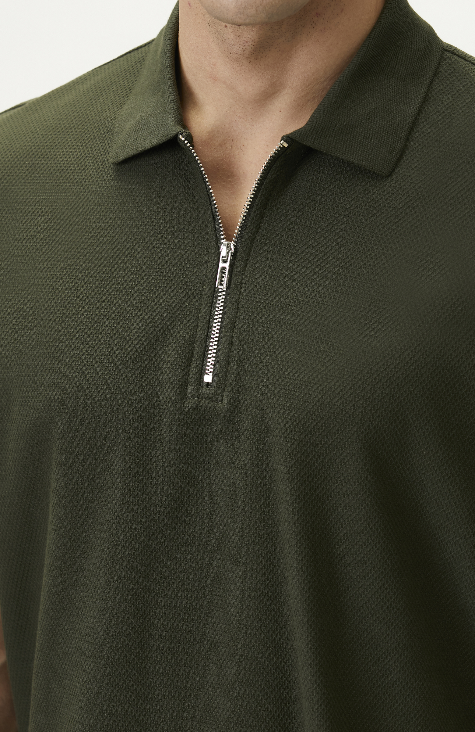 Slim Fit Khaki Polo Neck Jacquard Pique T-shirt