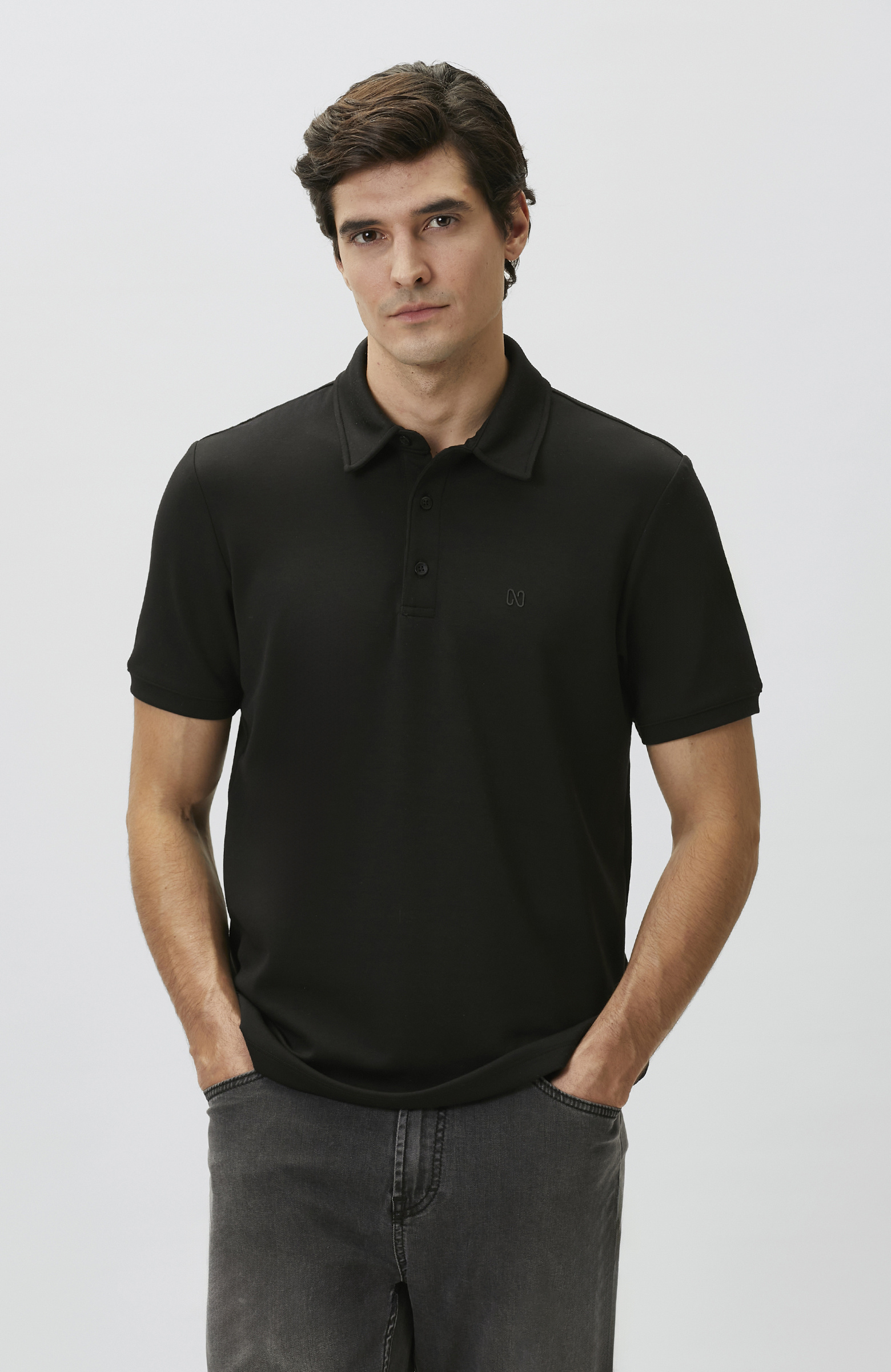 Comfort Fit Siyah Basic Polo Yaka Modal T-shirt