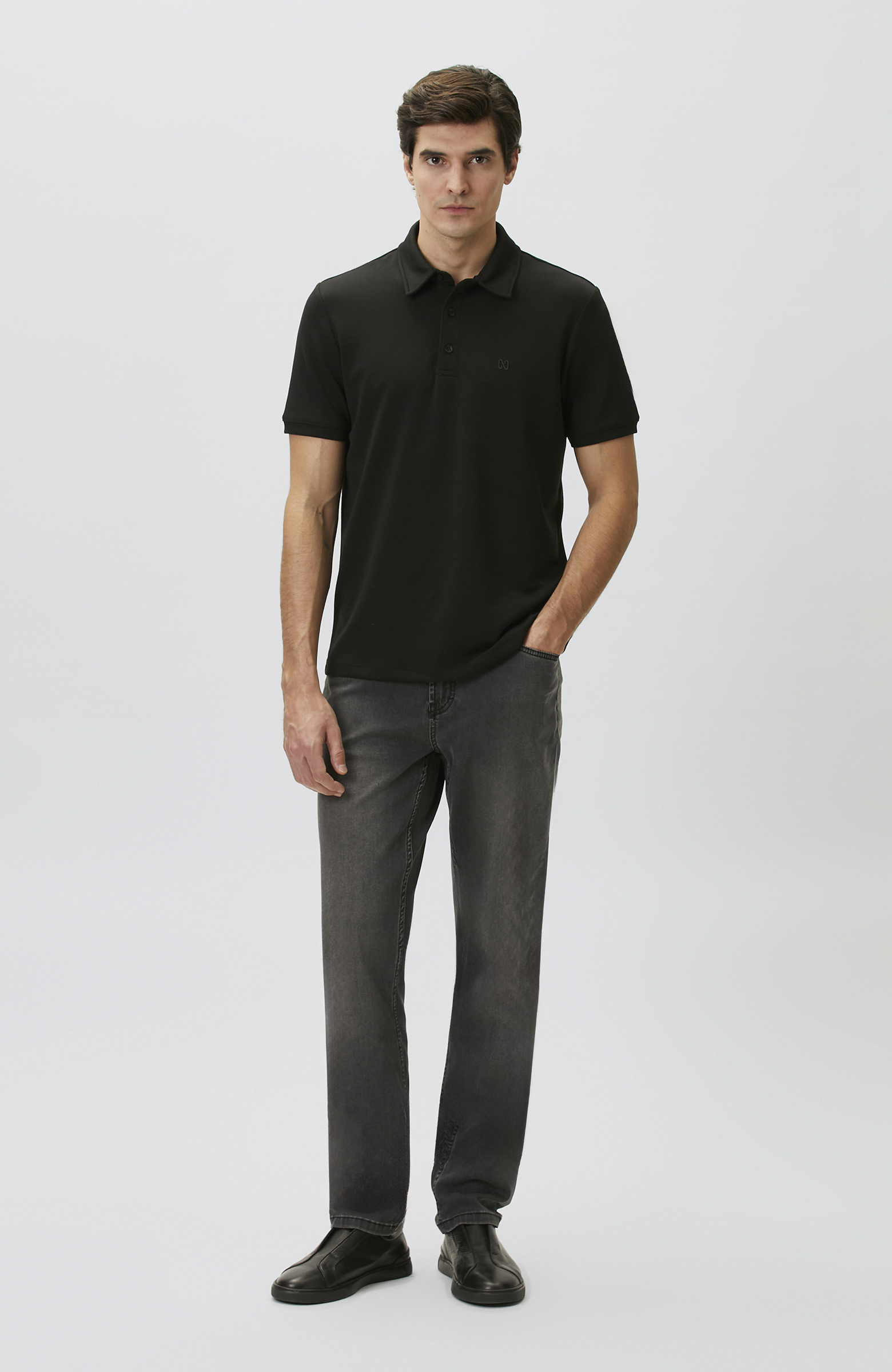 Comfort Fit Siyah Basic Polo Yaka Modal T-shirt