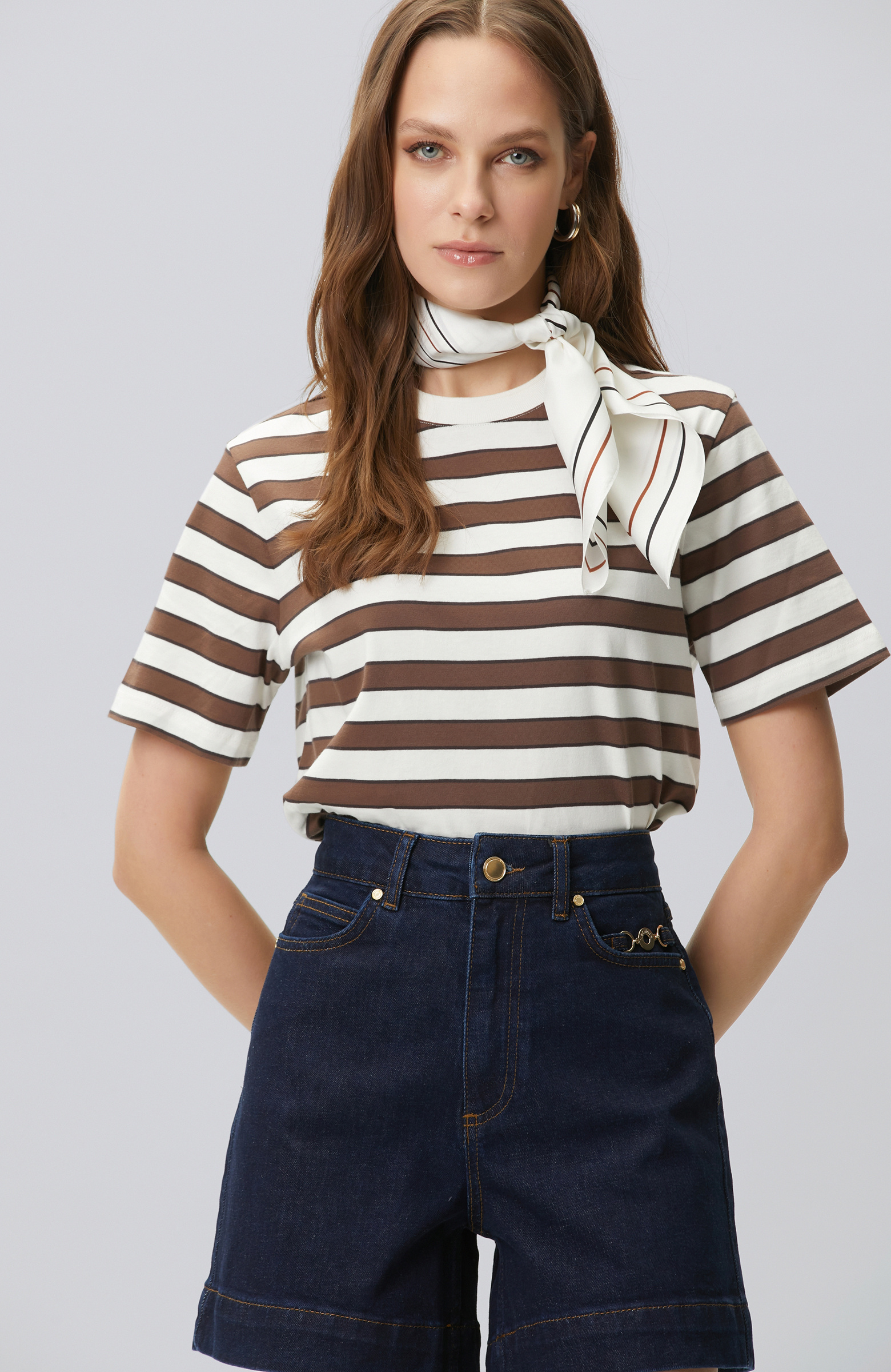 Kahve Beyaz Bisiklet Yaka Çizgi Raporlu T-shirt