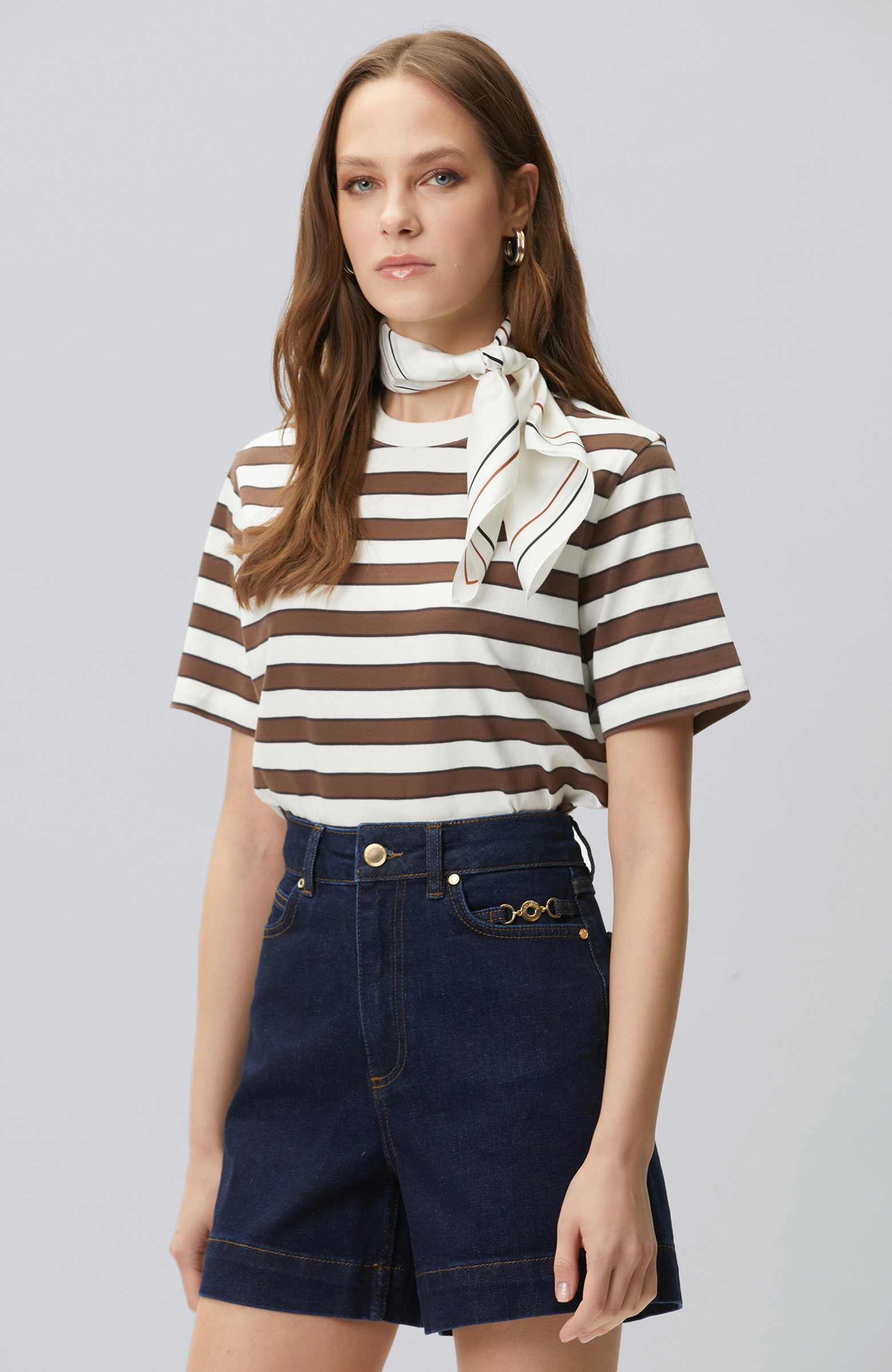 Kahve Beyaz Bisiklet Yaka Çizgi Raporlu T-shirt