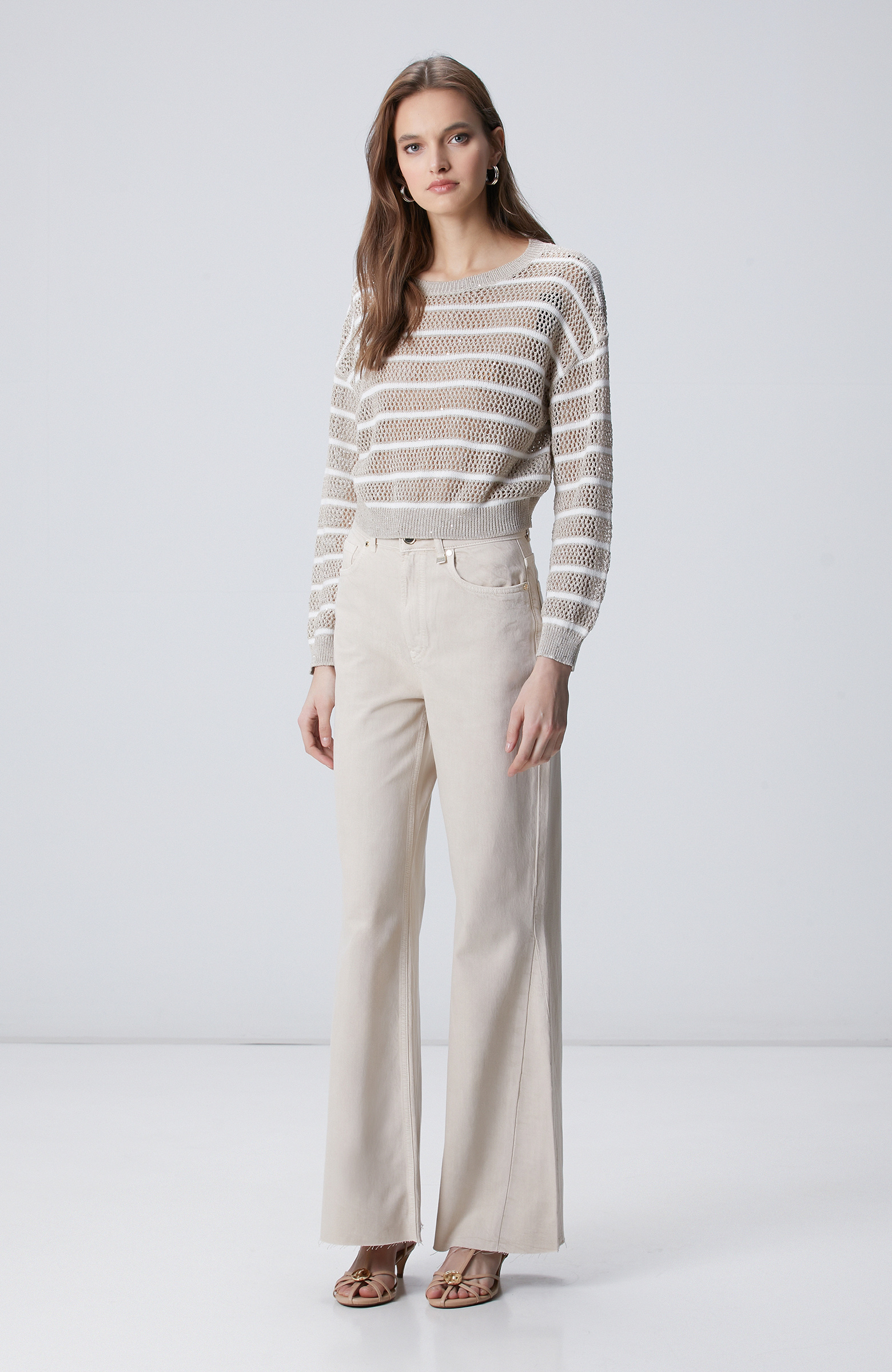 Açık Bej Wide Leg Denim Pantolon