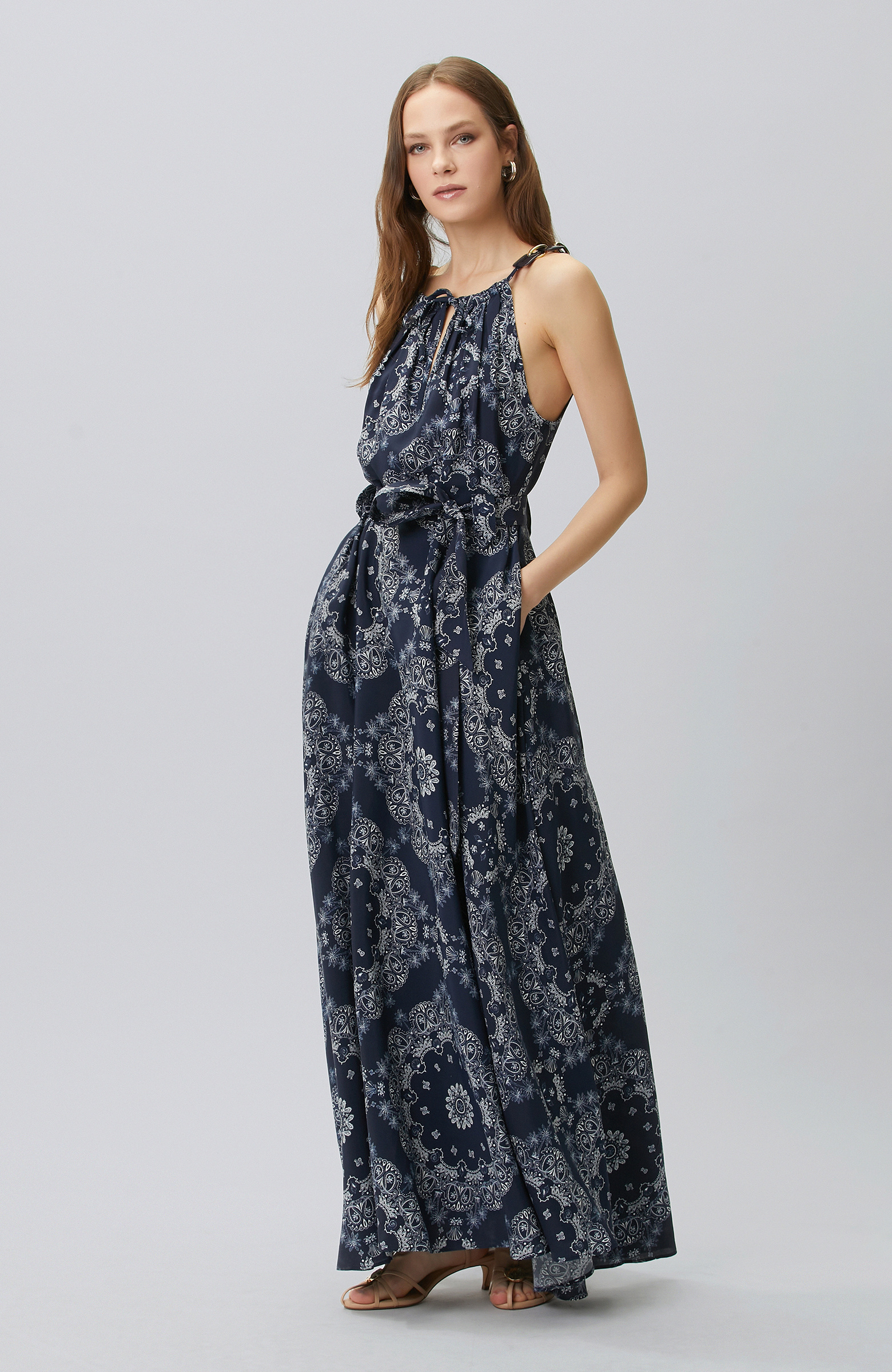 Navy Blue White Paisley Dress