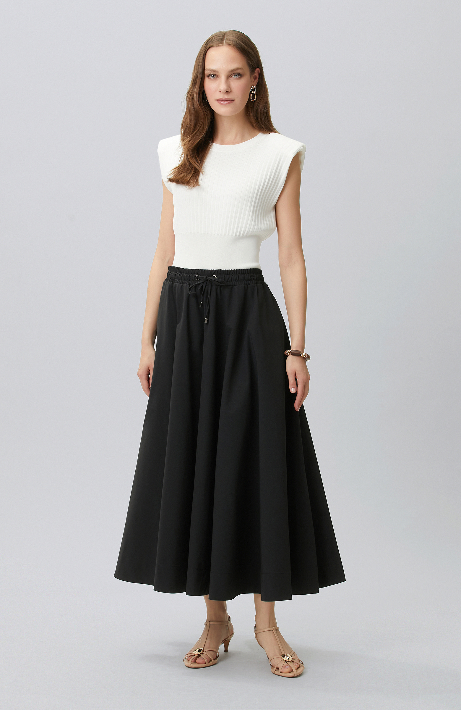Black Elastic Waist Cord Tie Skirt