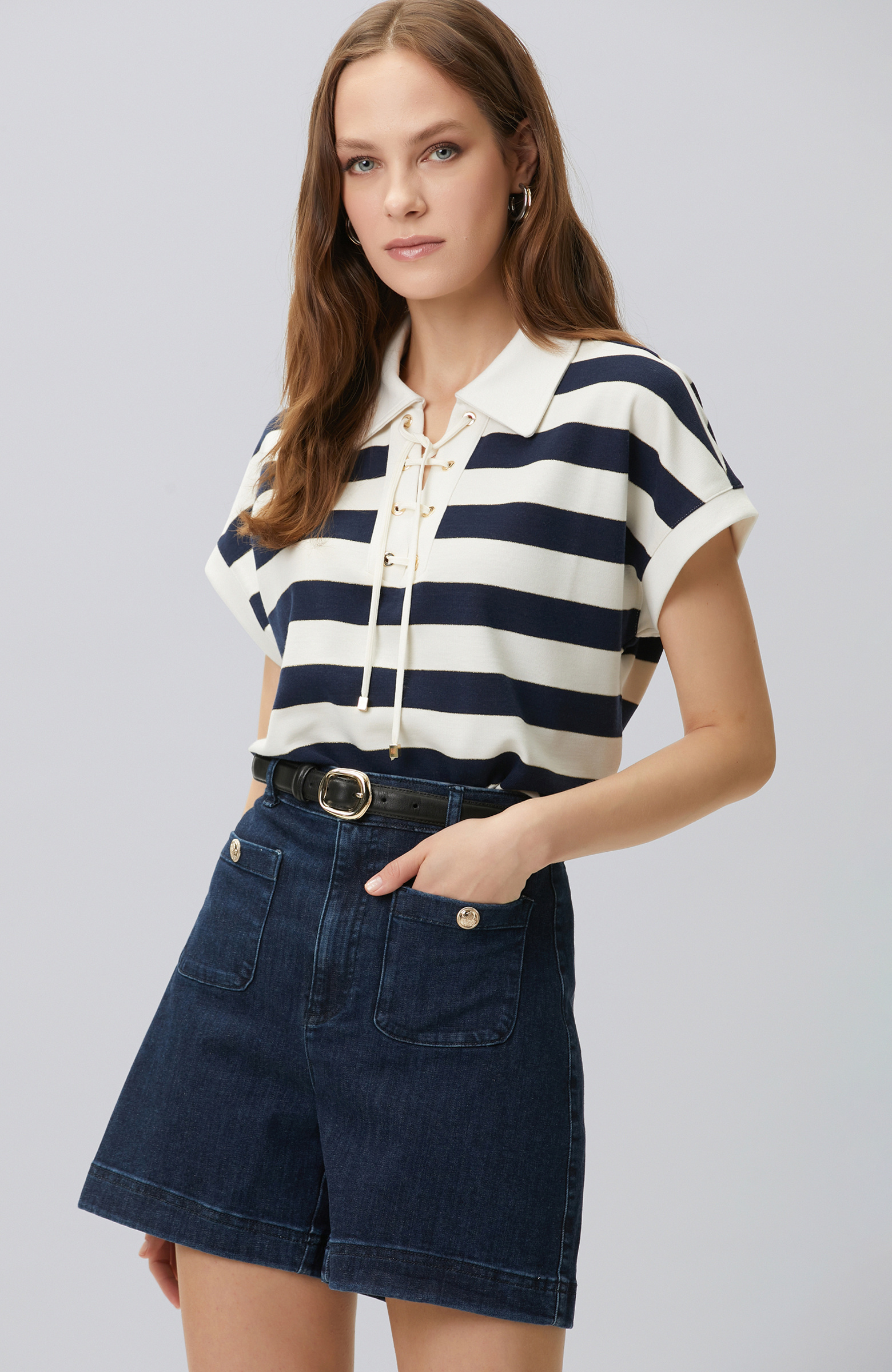 Navy Blue White Striped Lace-up Polo T-shirt