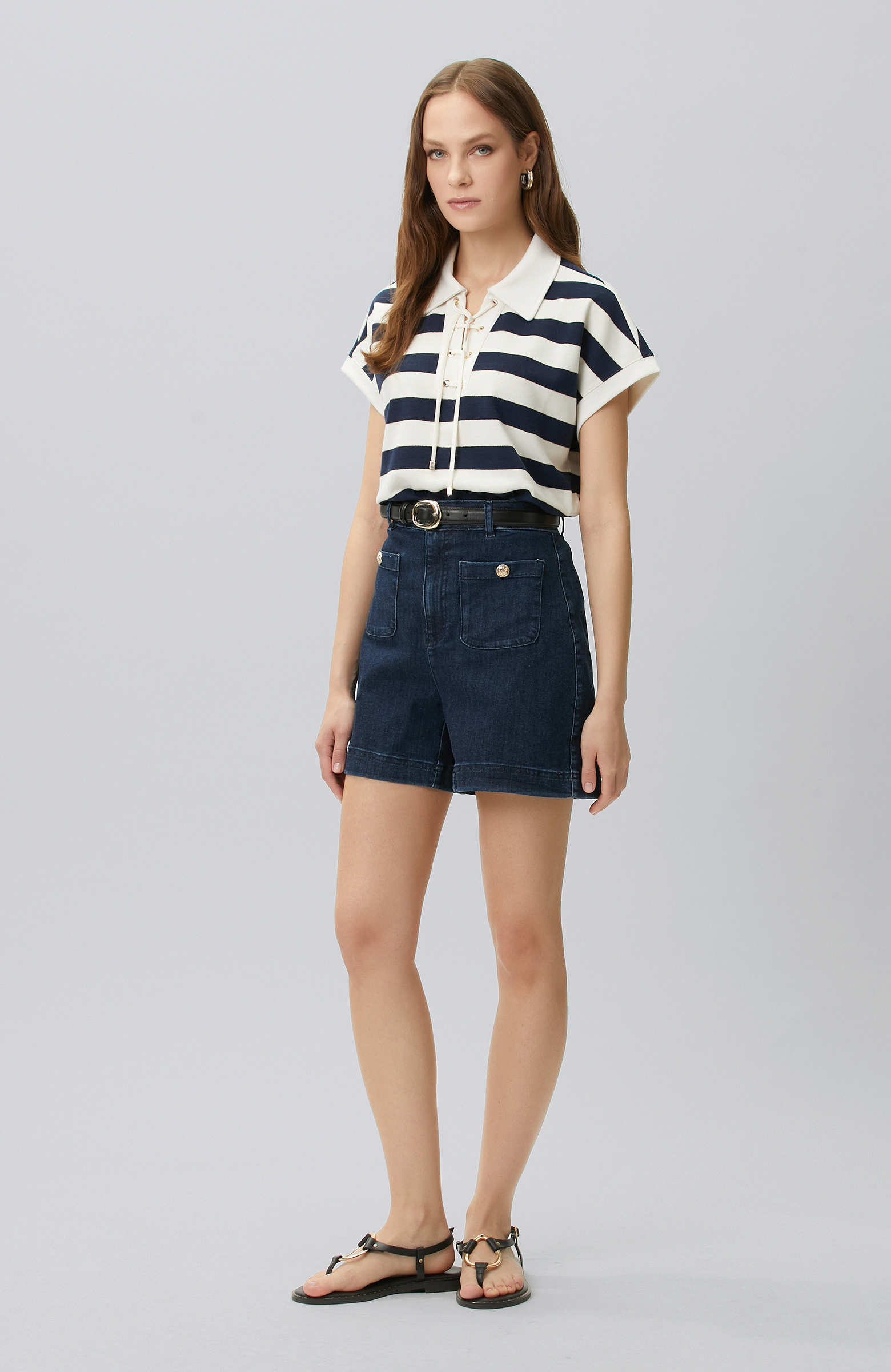 Navy Blue White Striped Lace-up Polo T-shirt