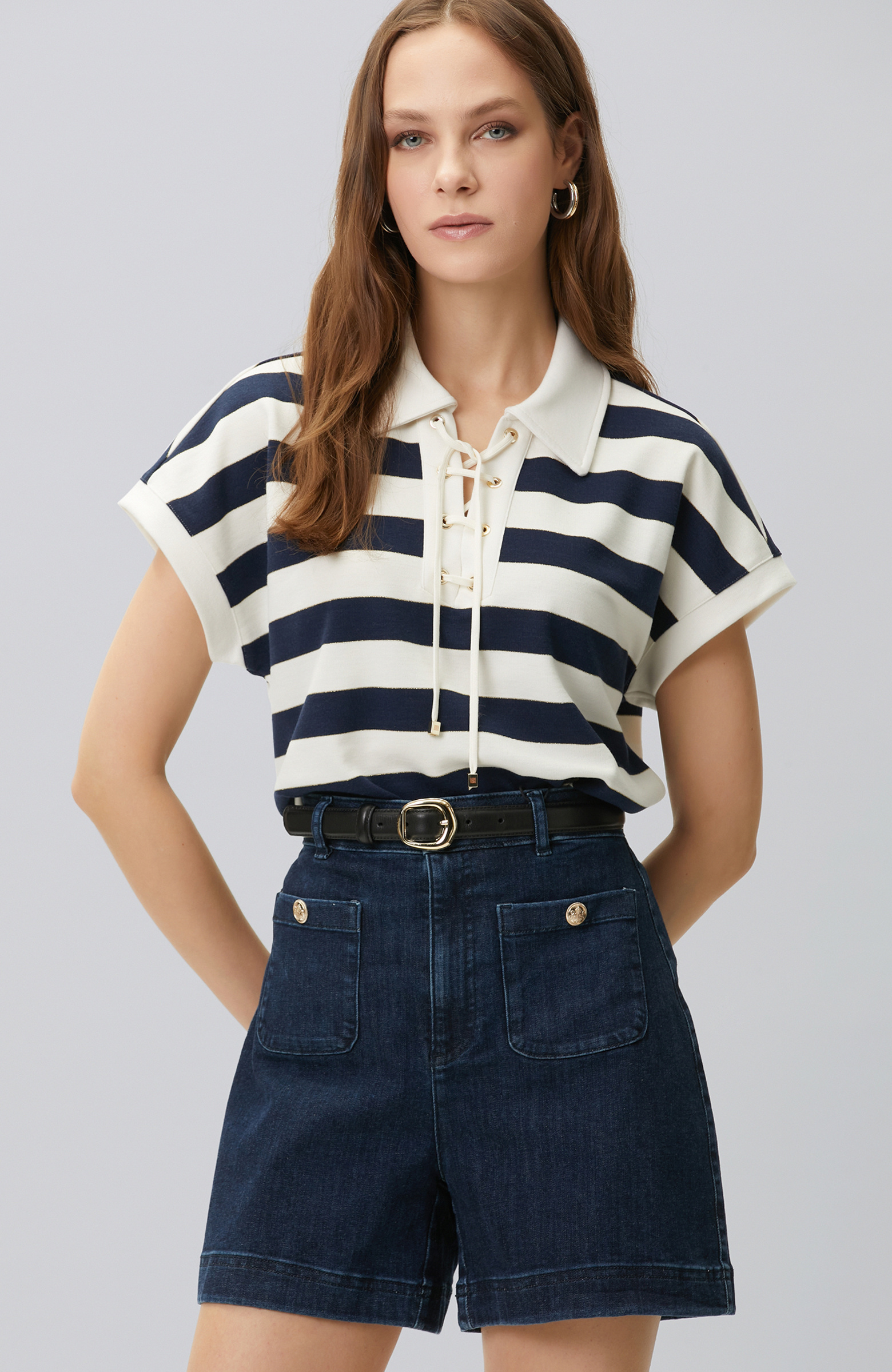 Navy Blue White Striped Lace-up Polo T-shirt