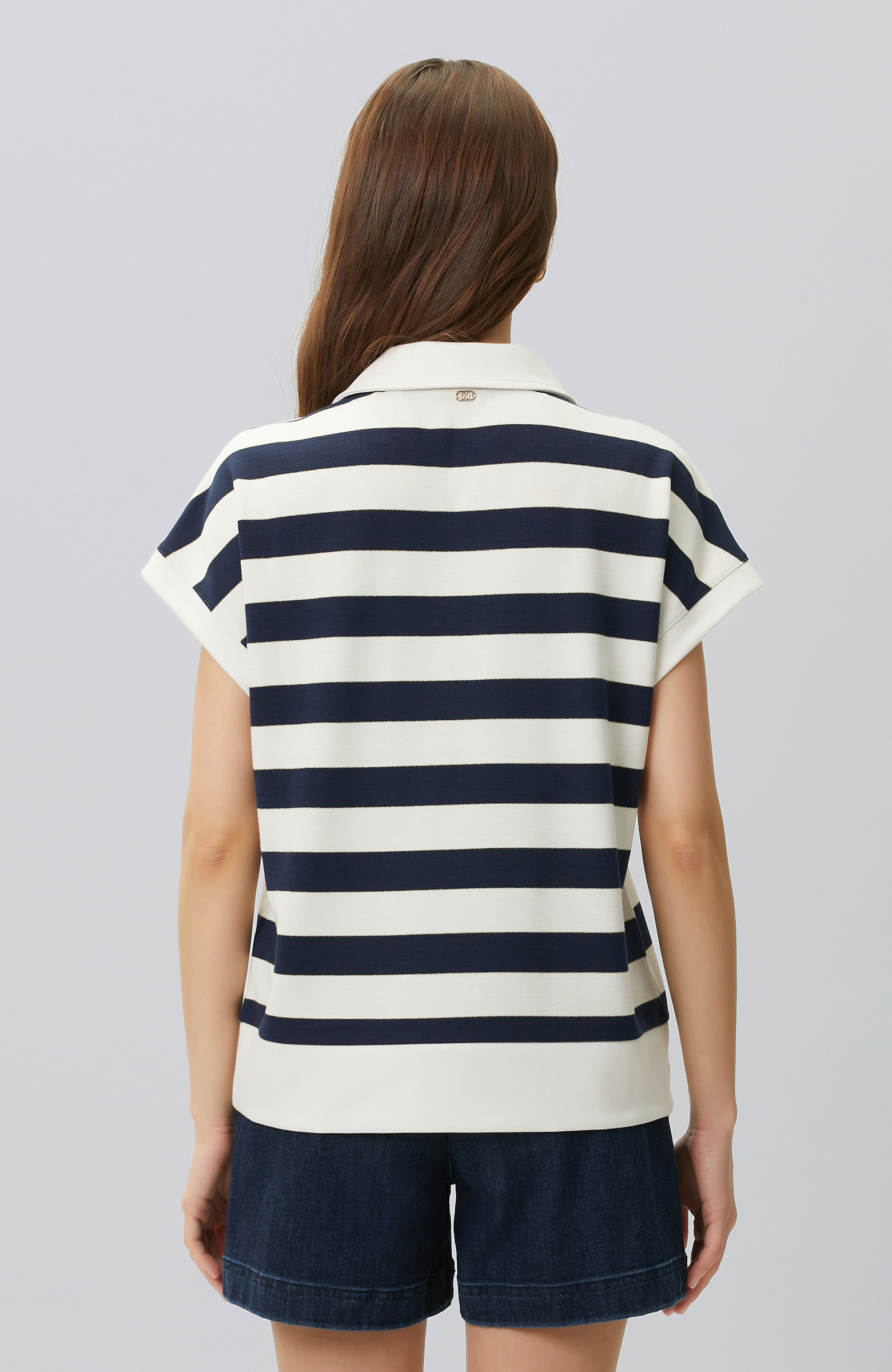 Navy Blue White Striped Lace-up Polo T-shirt