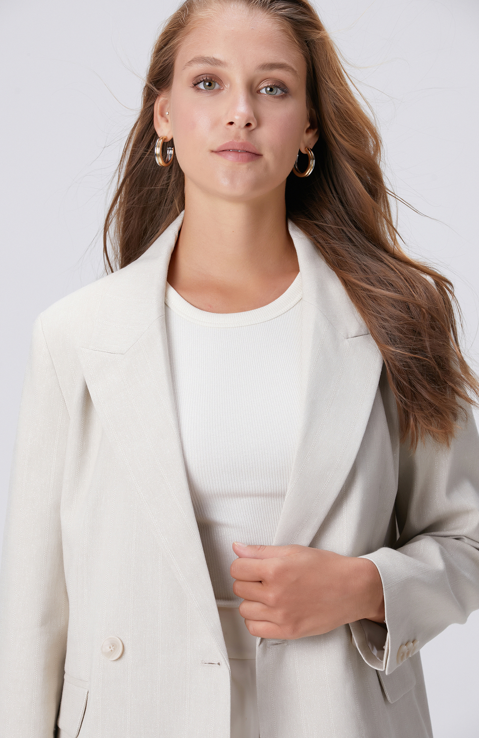 Natural Striped Silvery Linen Blend Double Breasted Jacket