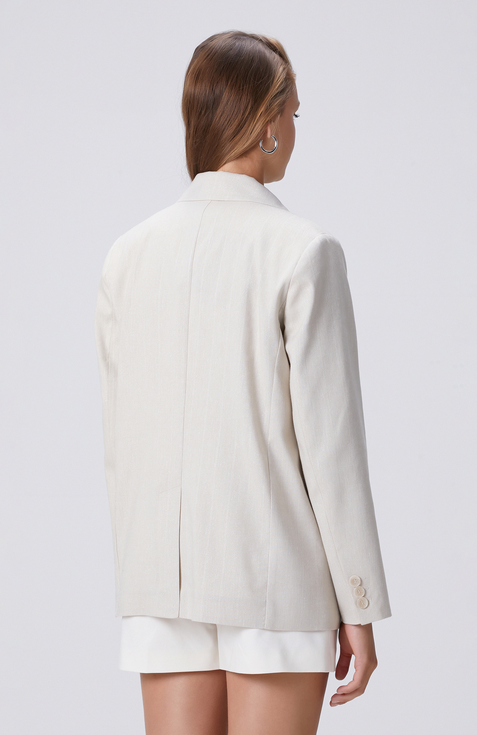 Natural Striped Silvery Linen Blend Double Breasted Jacket