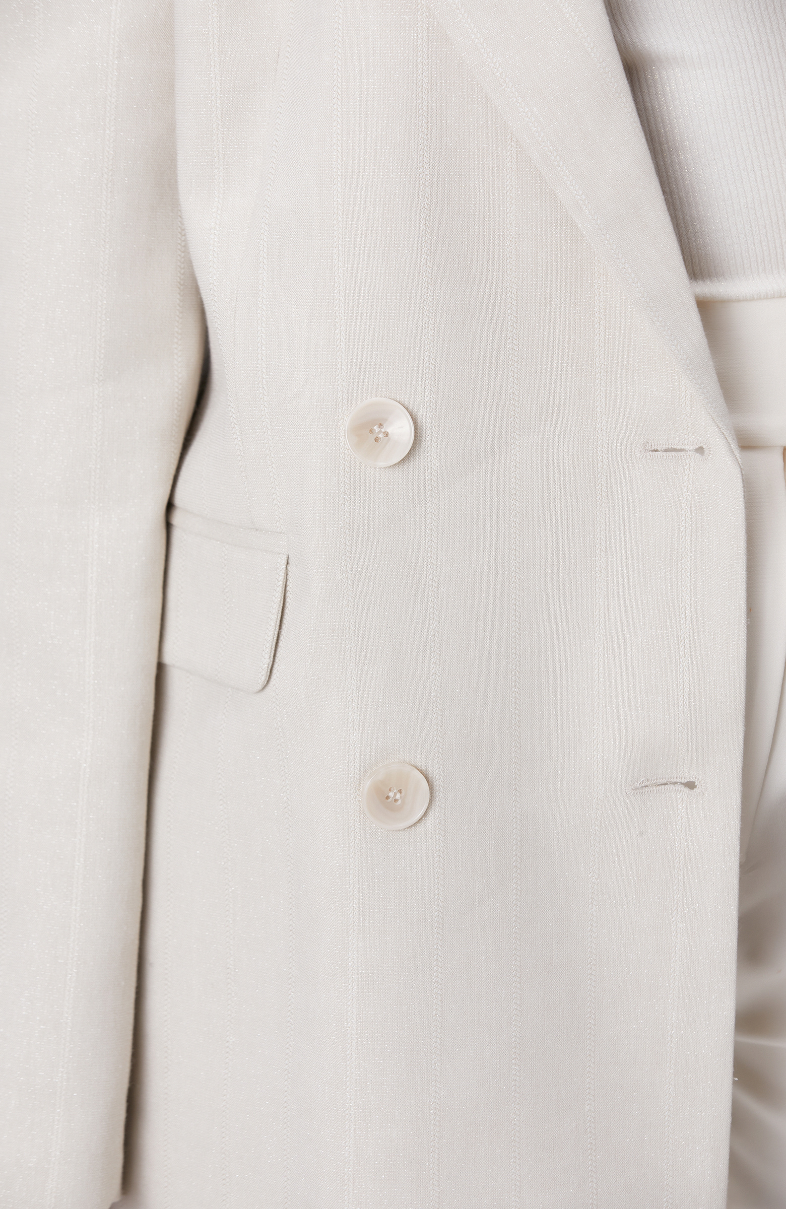 Natural Striped Silvery Linen Blend Double Breasted Jacket