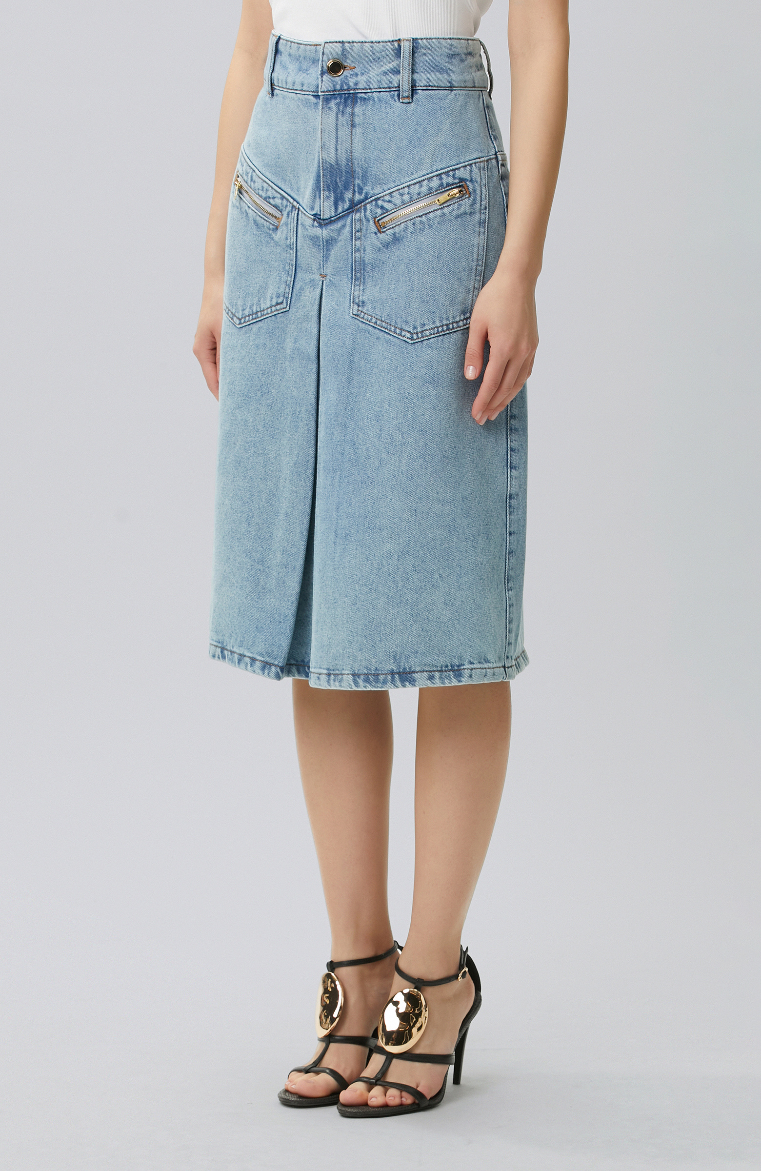Light Indigo Blue Pleated Detailed Denim Skirt