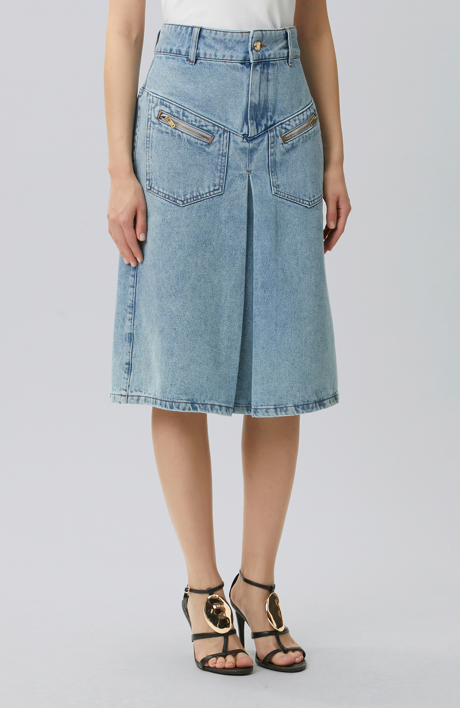 Light Indigo Blue Pleated Detailed Denim Skirt