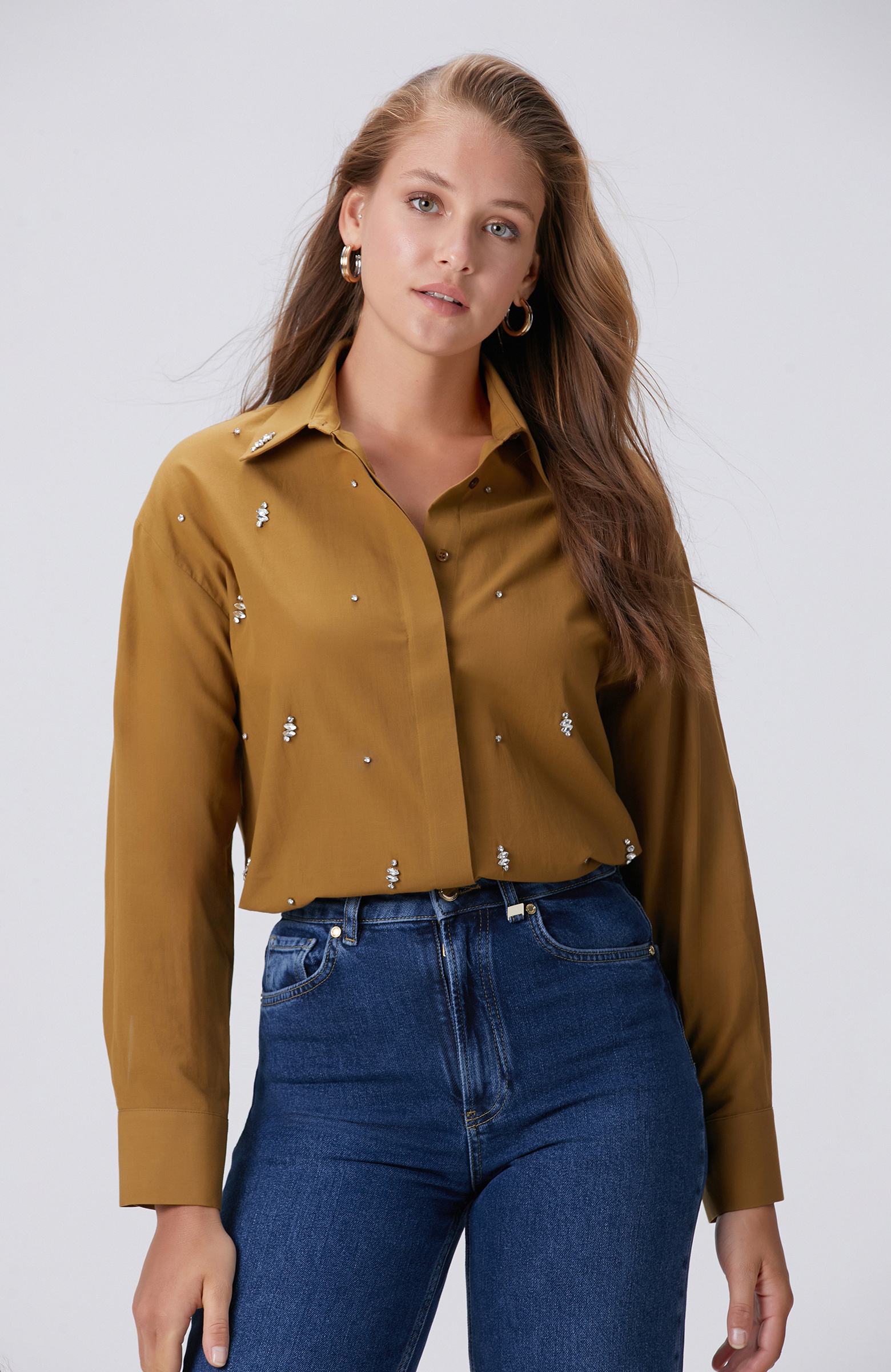 Hardal Dağınık Taş İşlemeli Cepli Uzun Kol Gömlek