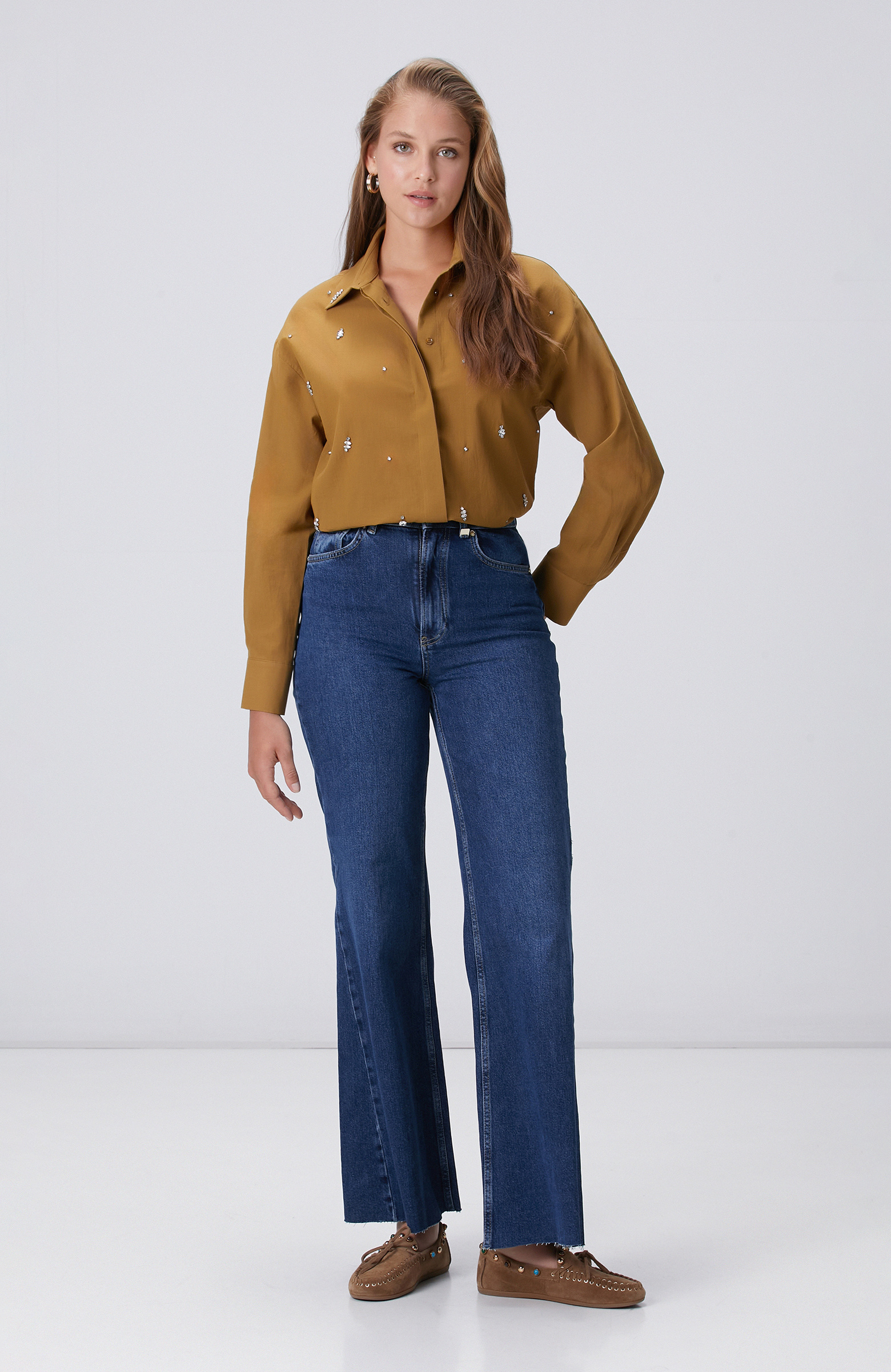 Hardal Dağınık Taş İşlemeli Cepli Uzun Kol Gömlek