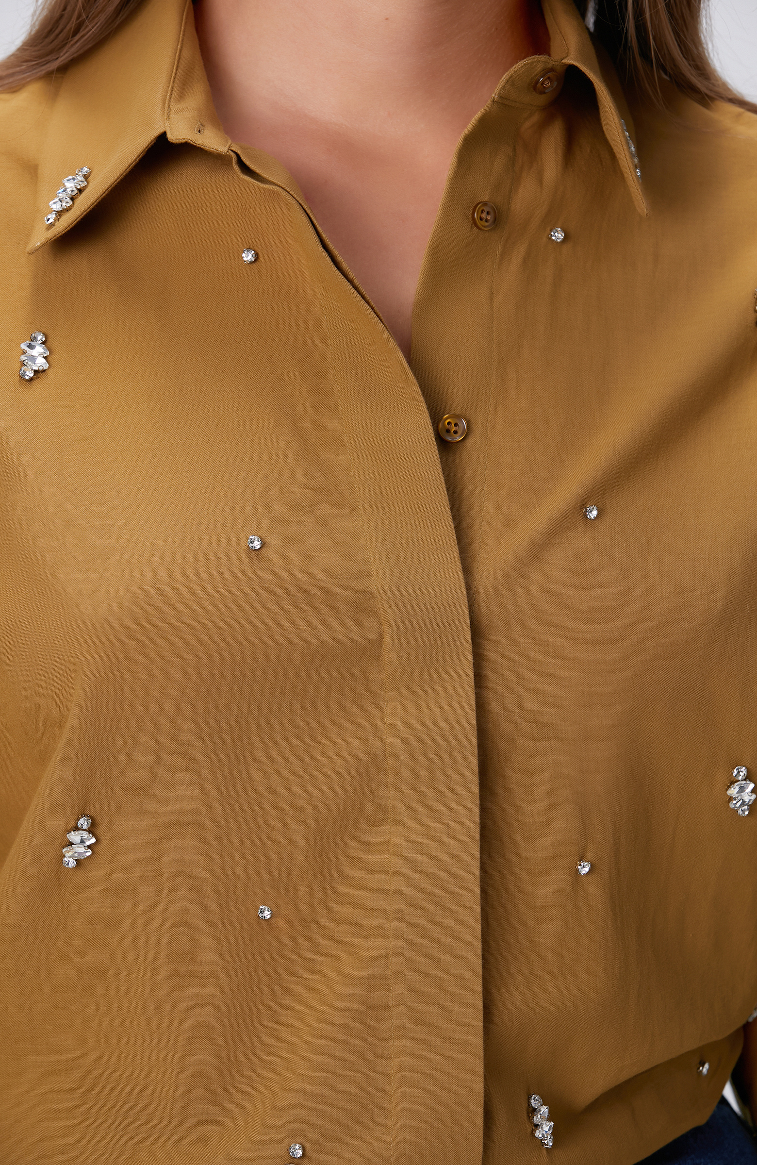 Hardal Dağınık Taş İşlemeli Cepli Uzun Kol Gömlek