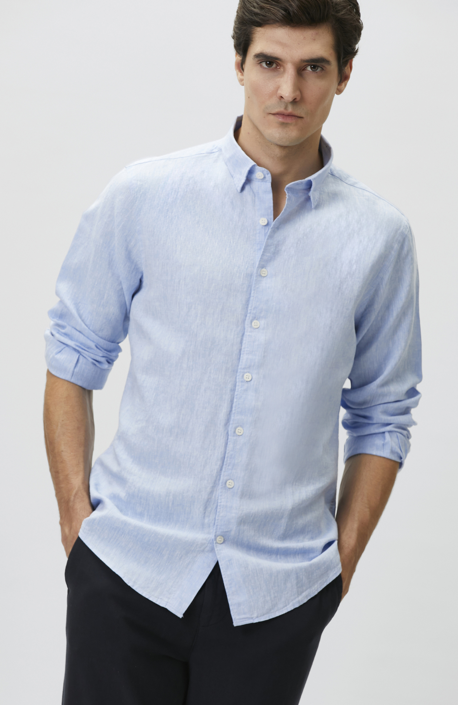 Slim Fit Açık Mavi Keten Gömlek