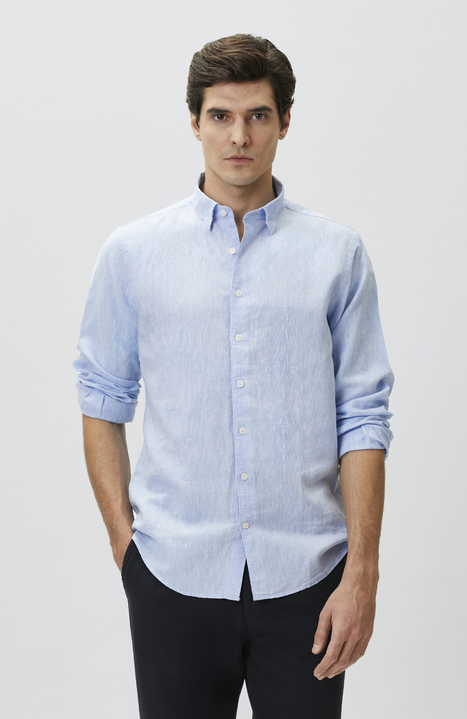 Slim Fit Açık Mavi Keten Gömlek