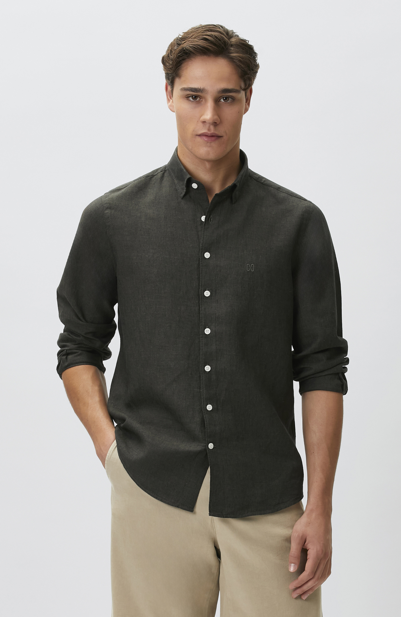 Slim Fit Haki Keten Gömlek