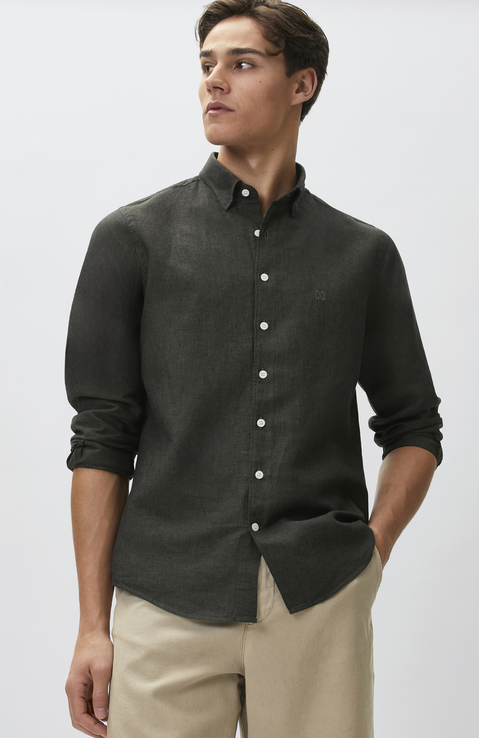 Slim Fit Haki Keten Gömlek