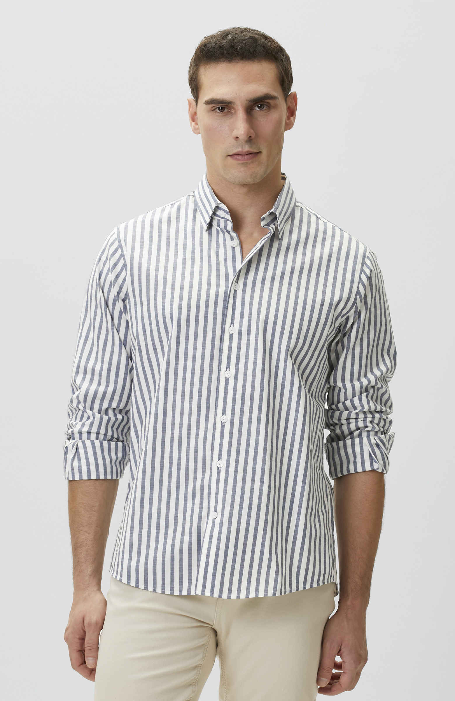 Ekru Mavi Çizgili Keten Gömlek