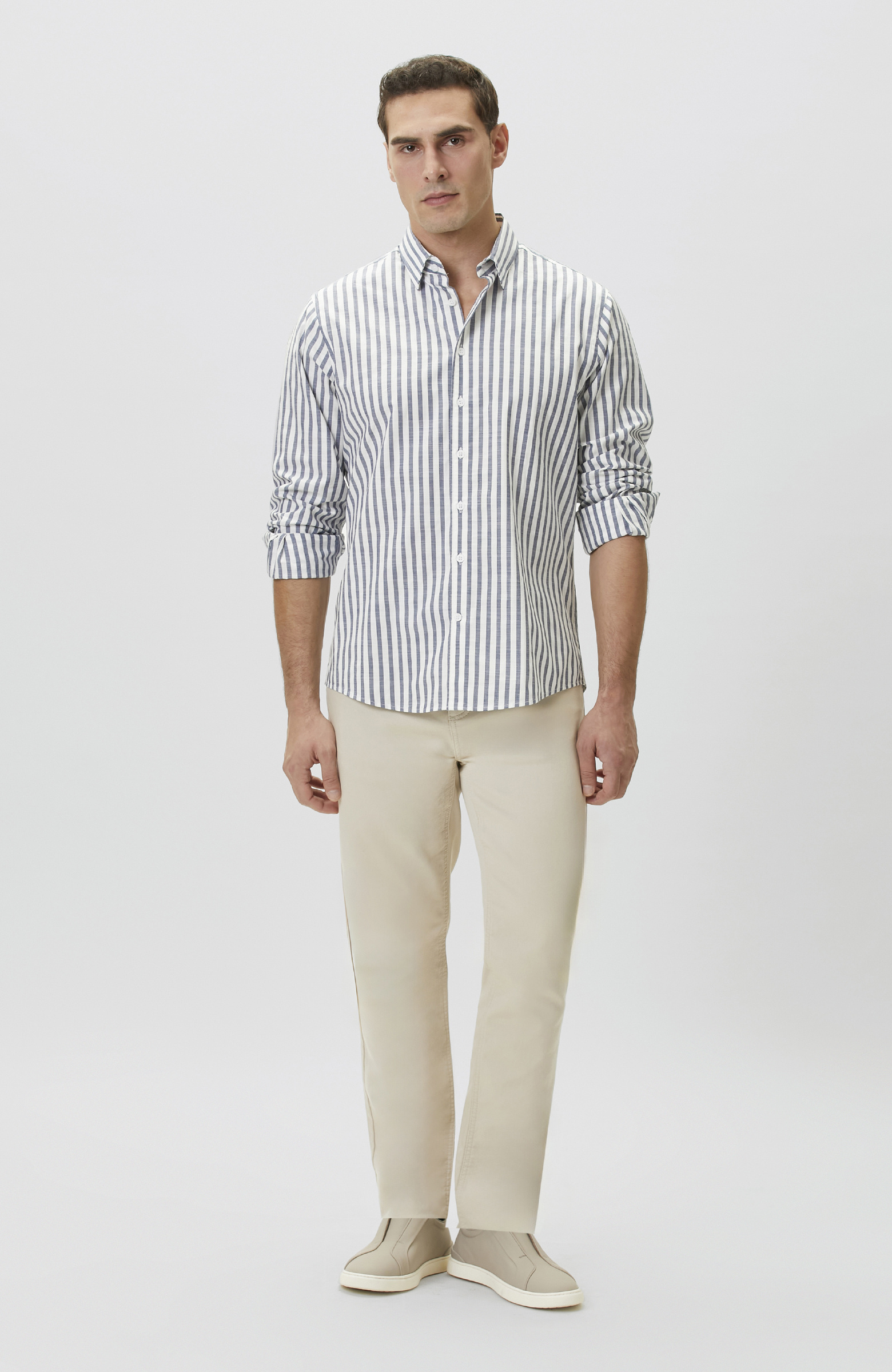 Ekru Mavi Çizgili Keten Gömlek