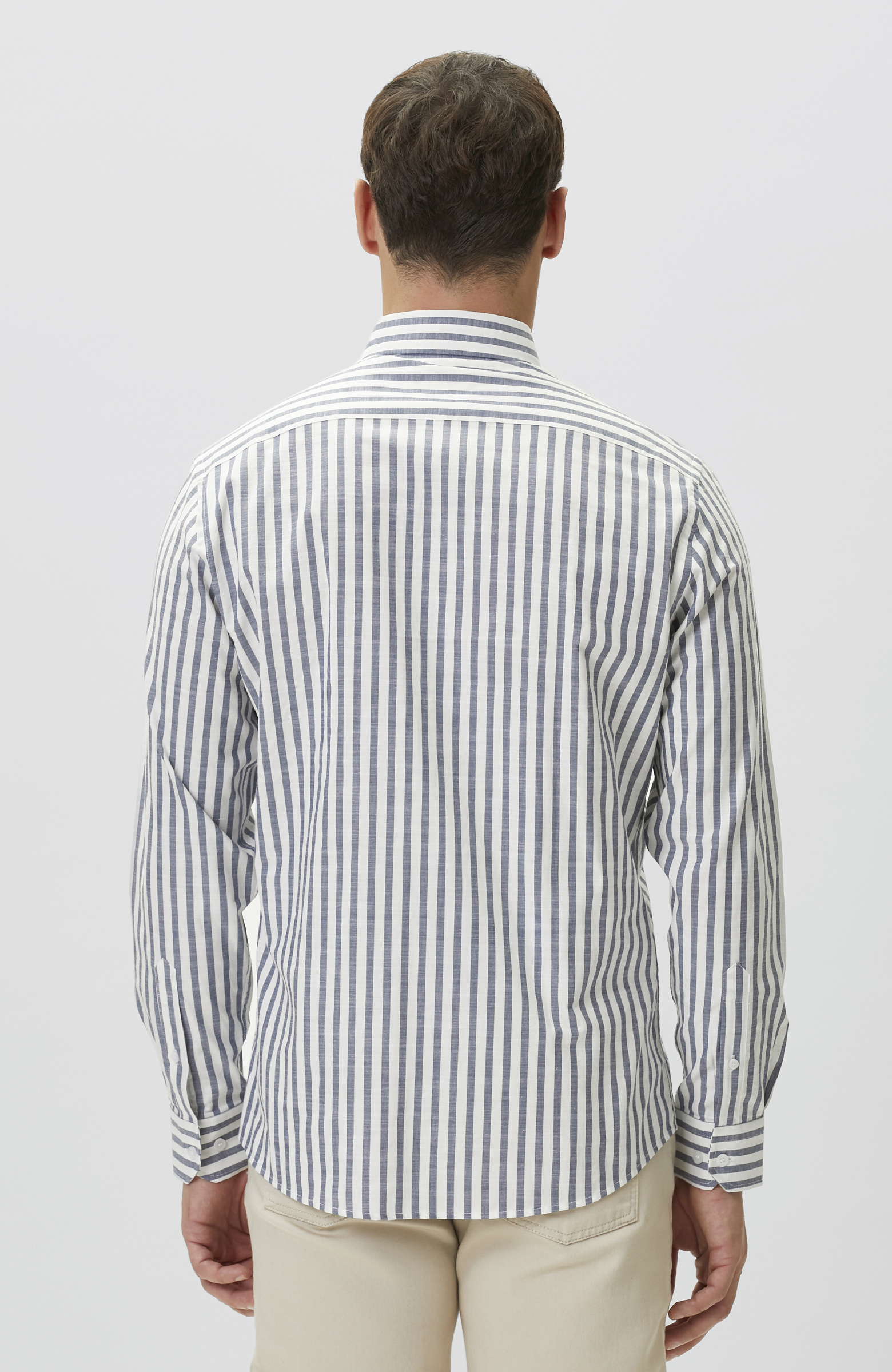 Ekru Mavi Çizgili Keten Gömlek