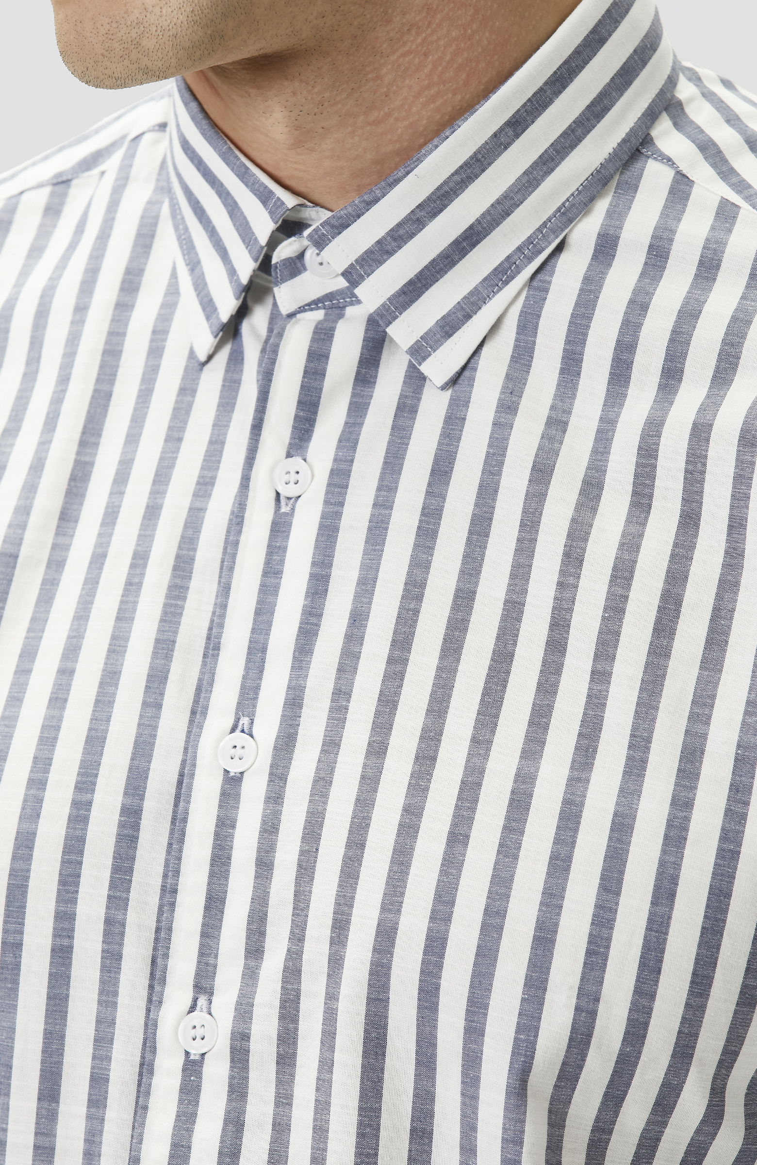 Ekru Mavi Çizgili Keten Gömlek