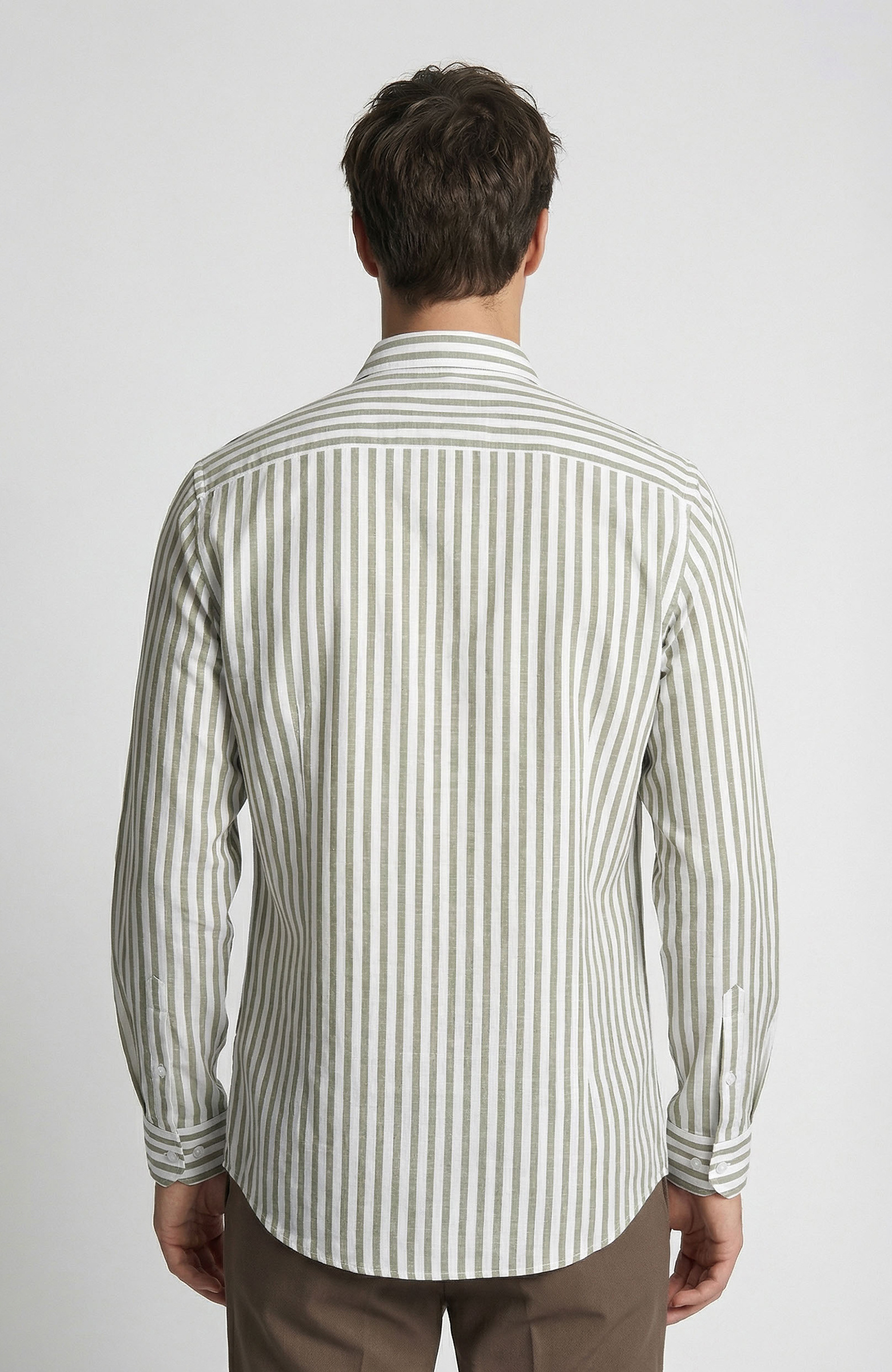 Slim Fit Khaki Striped Patterned Linen Shirt
