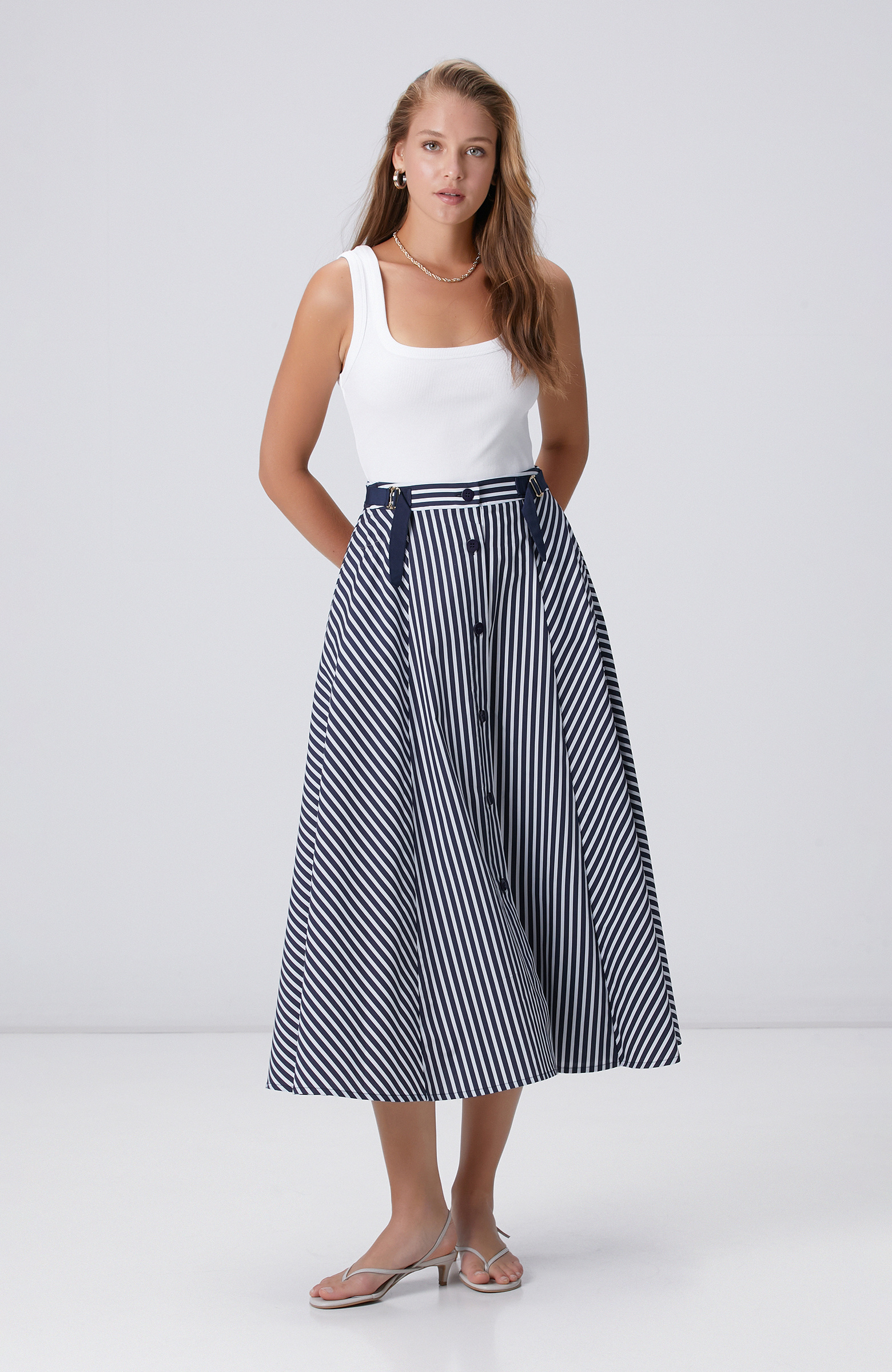 Lacivert Kırık Beyaz Çizgi Desenli Midi Etek